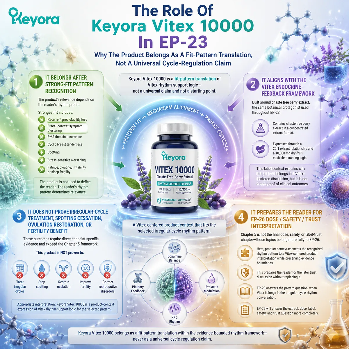 Keyora Vitex 10000 product context connects Vitex extract, cycle rhythm support, dopamine-prolactin communication, and evidence boundaries through Keyora Vitex Rhythm Intervention Fit Map. Keyora Vitex 10000 product context connects Vitex extract, cycle rhythm support, dopamine-prolactin communication, and evidence boundaries through Keyora Vitex Rhythm Intervention Fit Map.