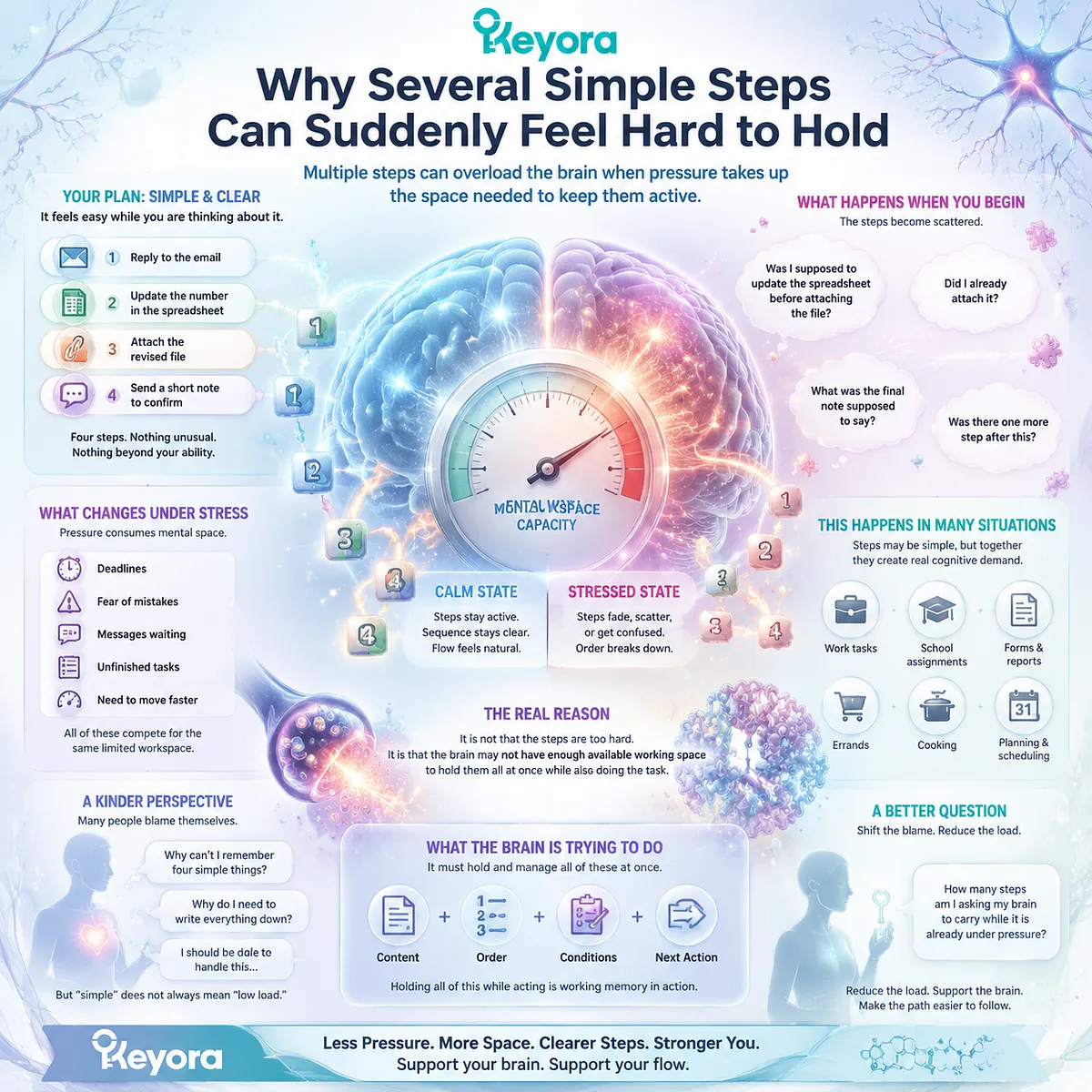 Stress-related multi-step task difficulty linked to working memory load, sequencing stability, attention filtering, and prefrontal control through Keyora MoodFlow Matrix framework. Stress-related multi-step task difficulty linked to working memory load, sequencing stability, attention filtering, and prefrontal control through Keyora MoodFlow Matrix framework.