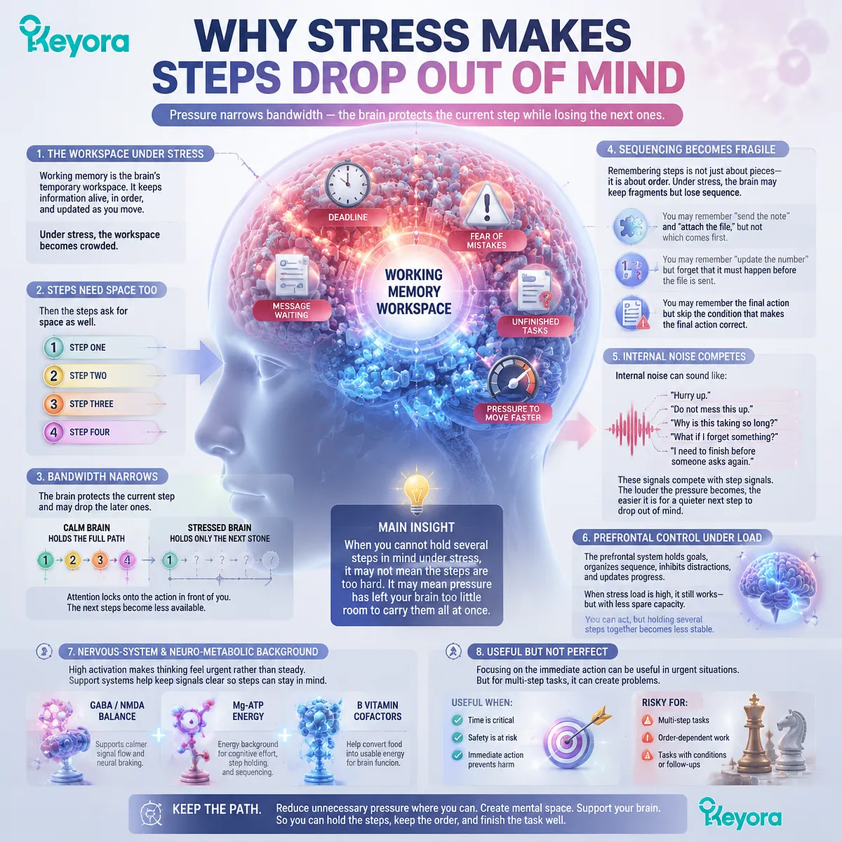 Stress can reduce multi-step task capacity through working memory overload, sequencing disruption, prefrontal control changes, and GABA/NMDA balance in the Keyora MoodFlow Matrix framework. Stress can reduce multi-step task capacity through working memory overload, sequencing disruption, prefrontal control changes, and GABA/NMDA balance in the Keyora MoodFlow Matrix framework.