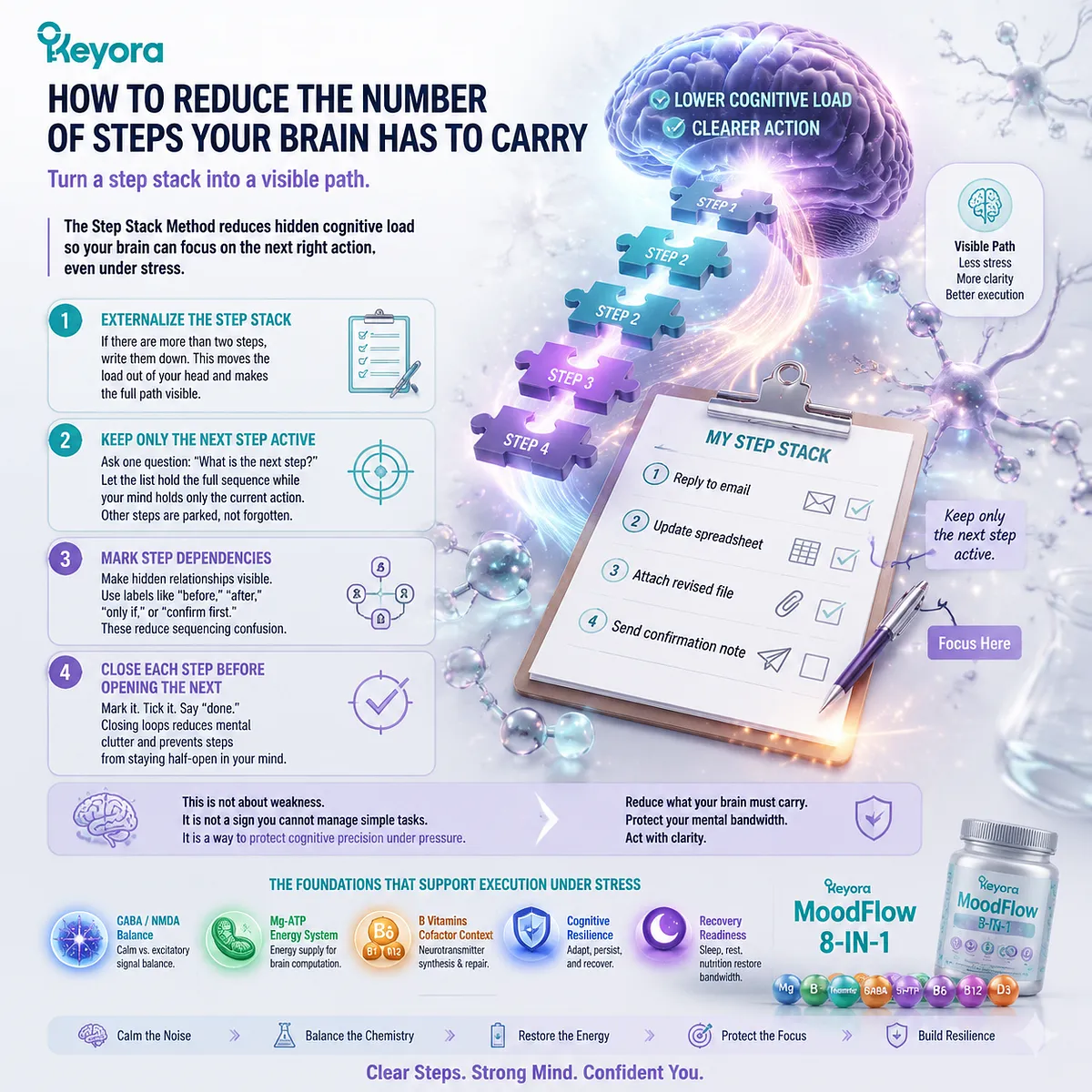 Stress-related multi-step task support using visible step stacks, working memory reduction, sequencing clarity, and cognitive resilience through Keyora MoodFlow Matrix. Stress-related multi-step task support using visible step stacks, working memory reduction, sequencing clarity, and cognitive resilience through Keyora MoodFlow Matrix.
