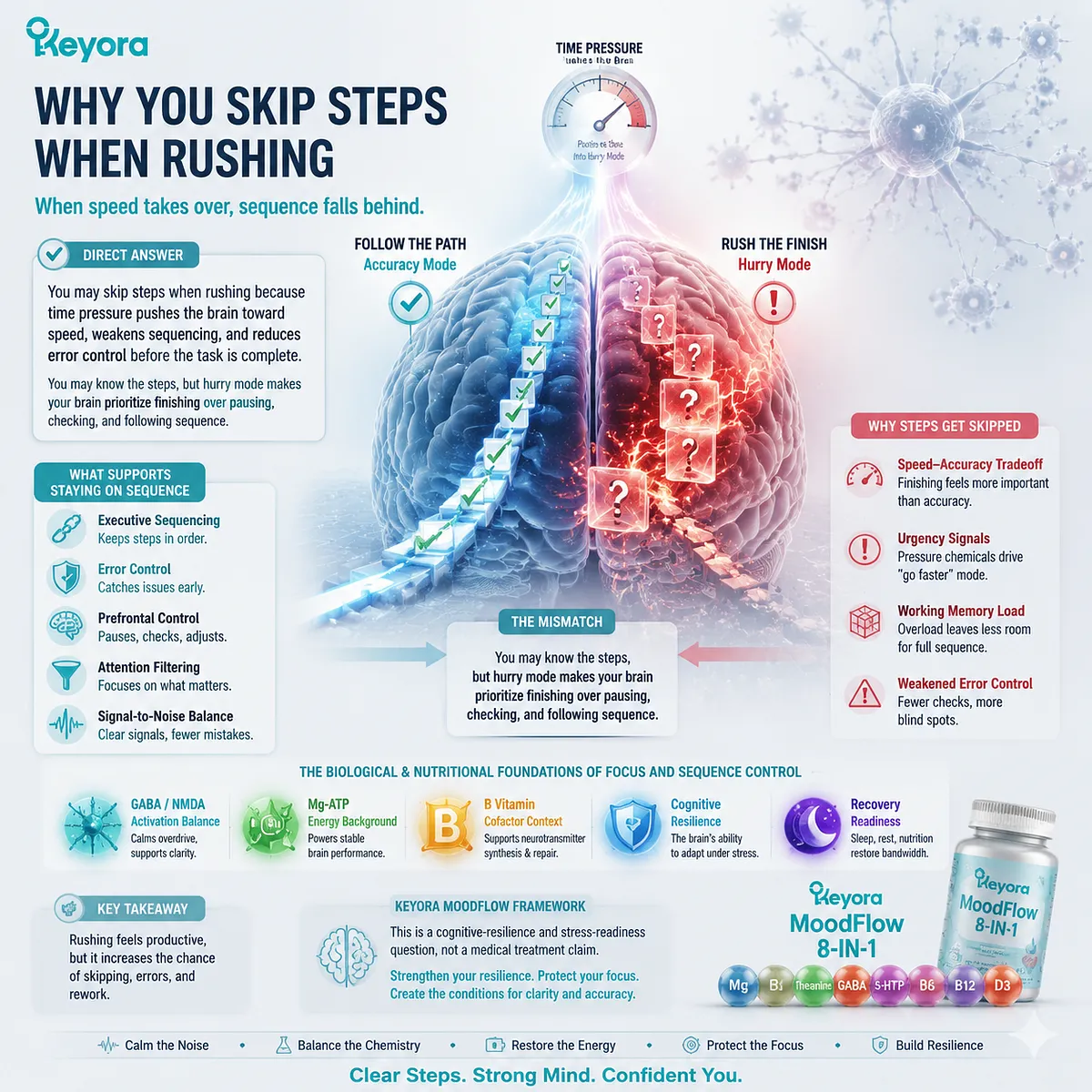 Rushing-related step skipping linked to time pressure, executive sequencing, error control, working memory load, and Keyora MoodFlow Matrix cognitive resilience framework. Rushing-related step skipping linked to time pressure, executive sequencing, error control, working memory load, and Keyora MoodFlow Matrix cognitive resilience framework.