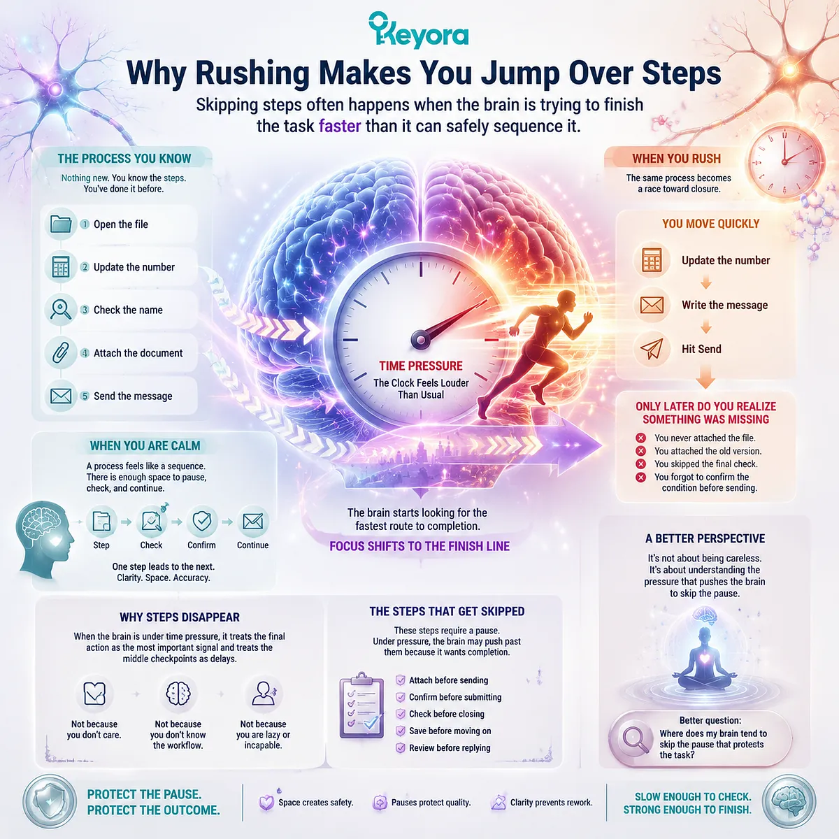 Rushing and step skipping linked to time pressure, executive sequencing, error control, working memory load, and Keyora MoodFlow Matrix cognitive resilience framework. Rushing and step skipping linked to time pressure, executive sequencing, error control, working memory load, and Keyora MoodFlow Matrix cognitive resilience framework.