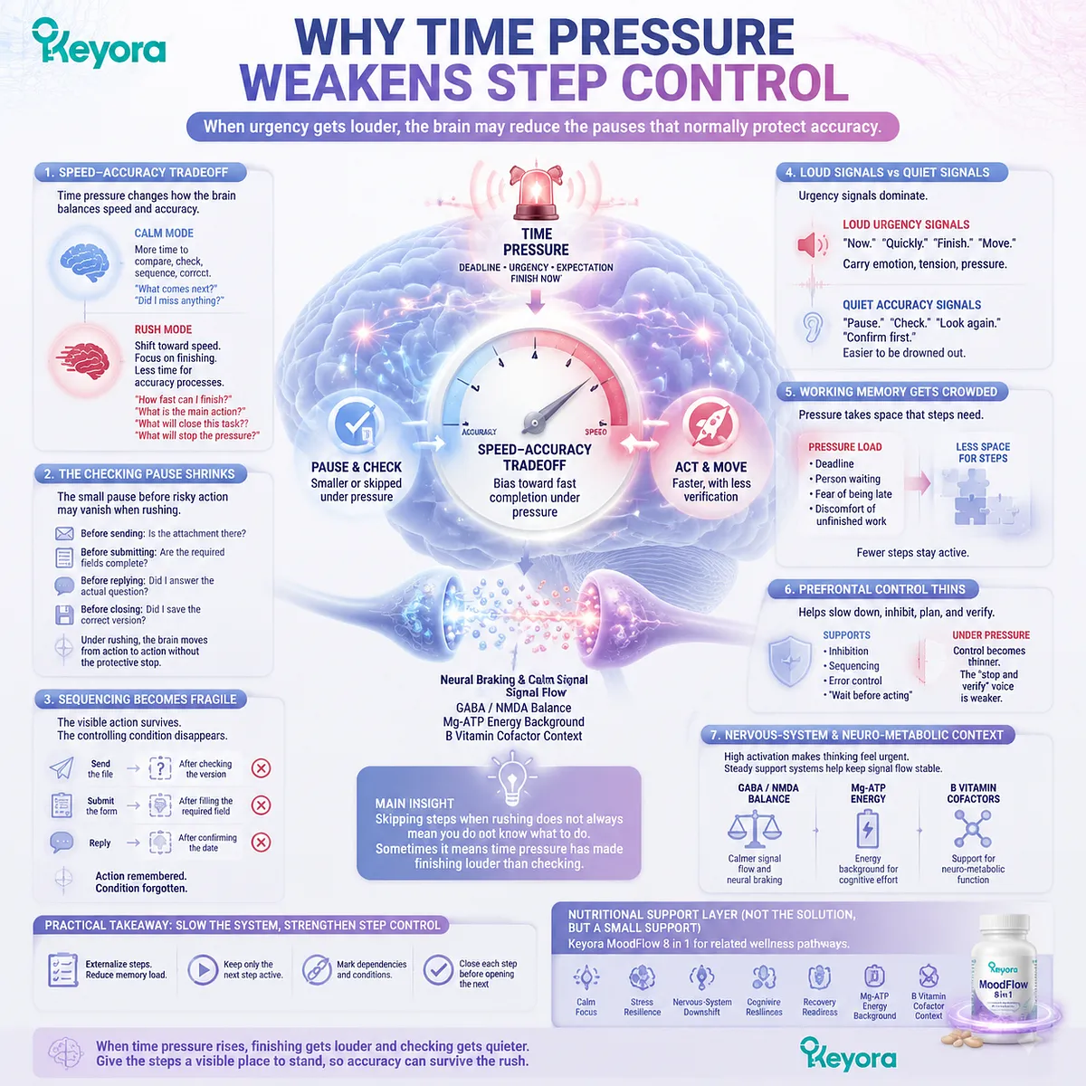Time pressure and step skipping linked to speed-accuracy tradeoff, executive sequencing, error control, GABA/NMDA balance, and Keyora MoodFlow Matrix framework. Time pressure and step skipping linked to speed-accuracy tradeoff, executive sequencing, error control, GABA/NMDA balance, and Keyora MoodFlow Matrix framework.