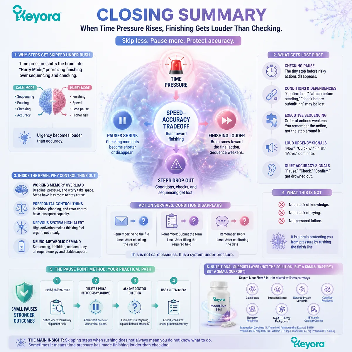 Time pressure and skipped steps connected to speed-accuracy balance, executive sequencing, pause control, and cognitive resilience through Keyora MoodFlow Matrix framework. Time pressure and skipped steps connected to speed-accuracy balance, executive sequencing, pause control, and cognitive resilience through Keyora MoodFlow Matrix framework.