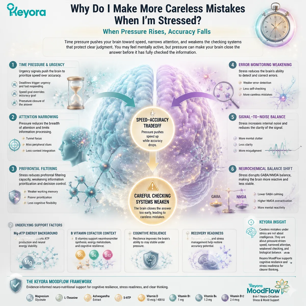 Stress-related cognitive mistakes under time pressure explained through attention narrowing, prefrontal filtering, GABA/NMDA balance, and Keyora MoodFlow Matrix cognitive resilience framework. Stress-related cognitive mistakes under time pressure explained through attention narrowing, prefrontal filtering, GABA/NMDA balance, and Keyora MoodFlow Matrix cognitive resilience framework.