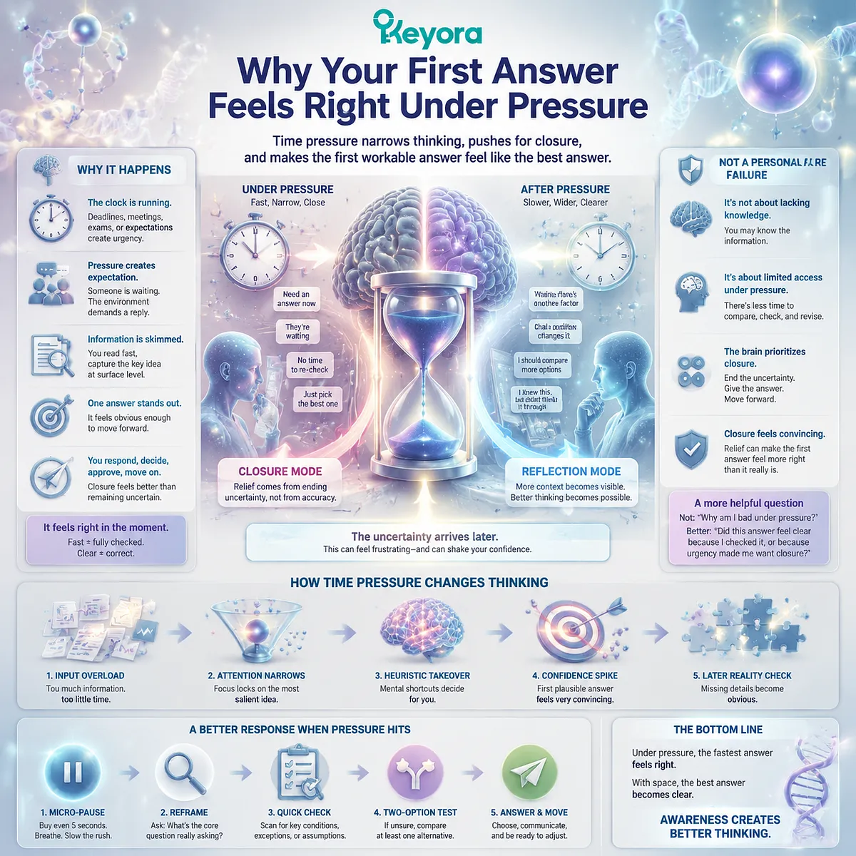 Time pressure and decision accuracy explained through attention narrowing, urgency signals, prefrontal filtering, and Keyora MoodFlow Matrix cognitive resilience framework. Time pressure and decision accuracy explained through attention narrowing, urgency signals, prefrontal filtering, and Keyora MoodFlow Matrix cognitive resilience framework.