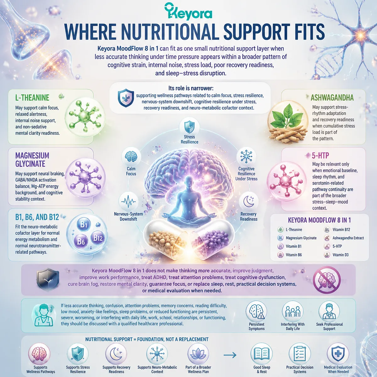 Cognitive resilience nutrition support map showing L-theanine, magnesium glycinate, B vitamins, adaptogen, and 5-HTP pathways within Keyora MoodFlow Matrix stress-readiness framework. Cognitive resilience nutrition support map showing L-theanine, magnesium glycinate, B vitamins, adaptogen, and 5-HTP pathways within Keyora MoodFlow Matrix stress-readiness framework.