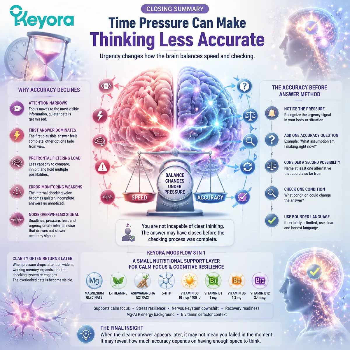 Time pressure cognitive resilience summary showing speed-accuracy tradeoff, error monitoring, GABA/NMDA balance, and Keyora MoodFlow Matrix stress-readiness framework. Time pressure cognitive resilience summary showing speed-accuracy tradeoff, error monitoring, GABA/NMDA balance, and Keyora MoodFlow Matrix stress-readiness framework.
