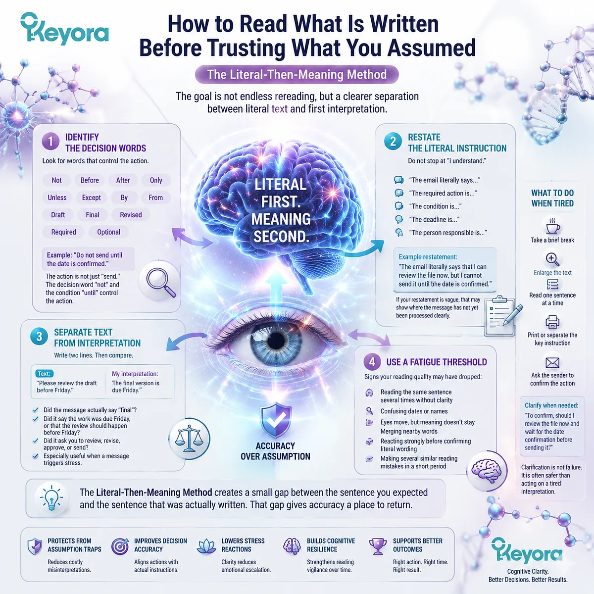 Mental fatigue reading accuracy improved through literal text checking, decision words, attention control, and Keyora MoodFlow Matrix cognitive resilience framework. Mental fatigue reading accuracy improved through literal text checking, decision words, attention control, and Keyora MoodFlow Matrix cognitive resilience framework.