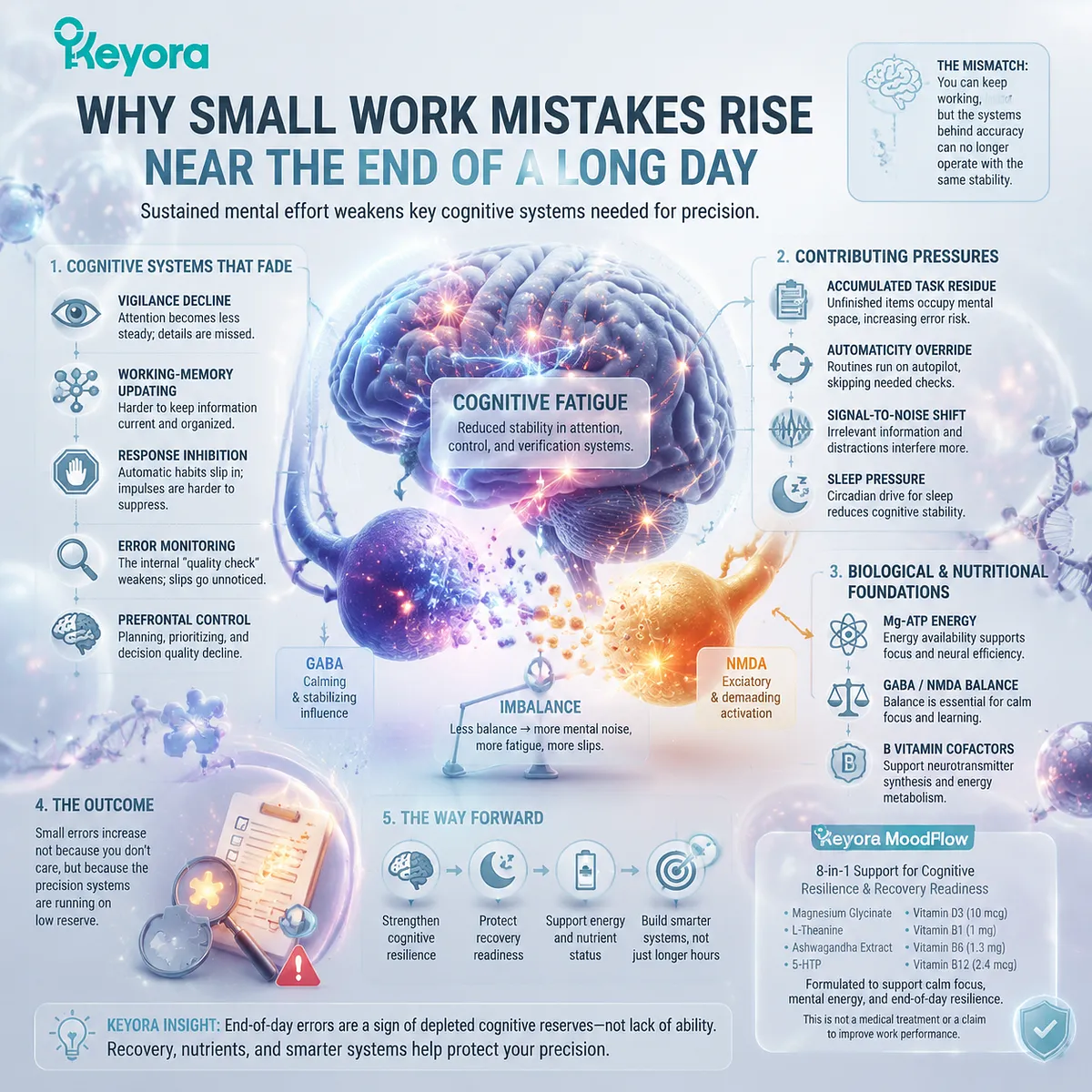 End-of-day work mistakes explained through cognitive fatigue, vigilance decline, error monitoring, GABA/NMDA balance, and Keyora MoodFlow Matrix cognitive resilience framework. End-of-day work mistakes explained through cognitive fatigue, vigilance decline, error monitoring, GABA/NMDA balance, and Keyora MoodFlow Matrix cognitive resilience framework.