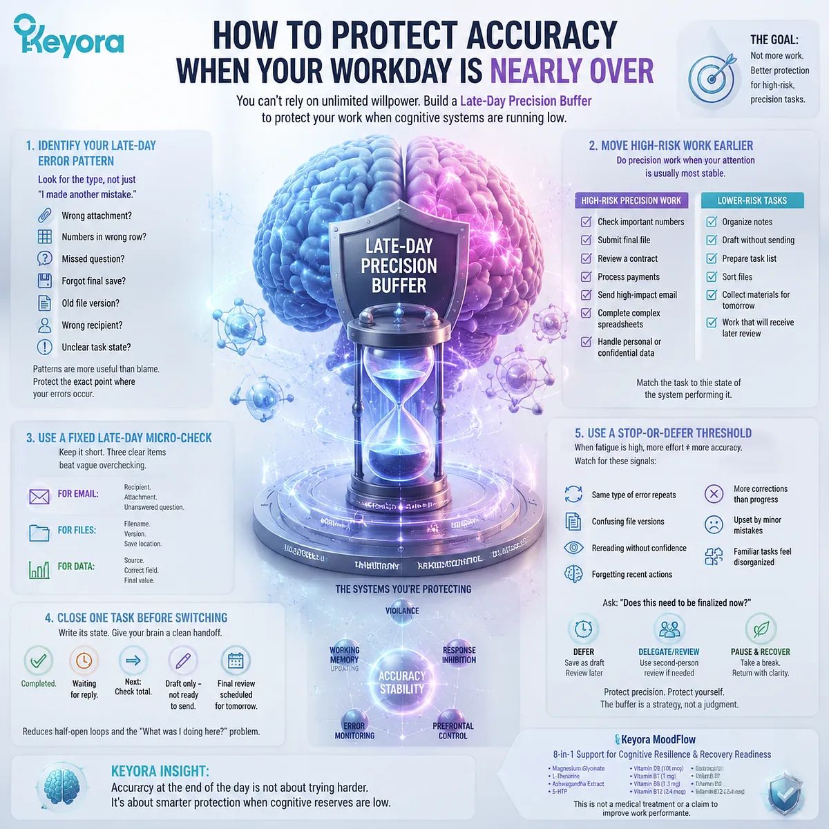 Late-day work accuracy strategy using precision buffers, task closure, error prevention checks, and Keyora MoodFlow Matrix cognitive resilience framework. Late-day work accuracy strategy using precision buffers, task closure, error prevention checks, and Keyora MoodFlow Matrix cognitive resilience framework.