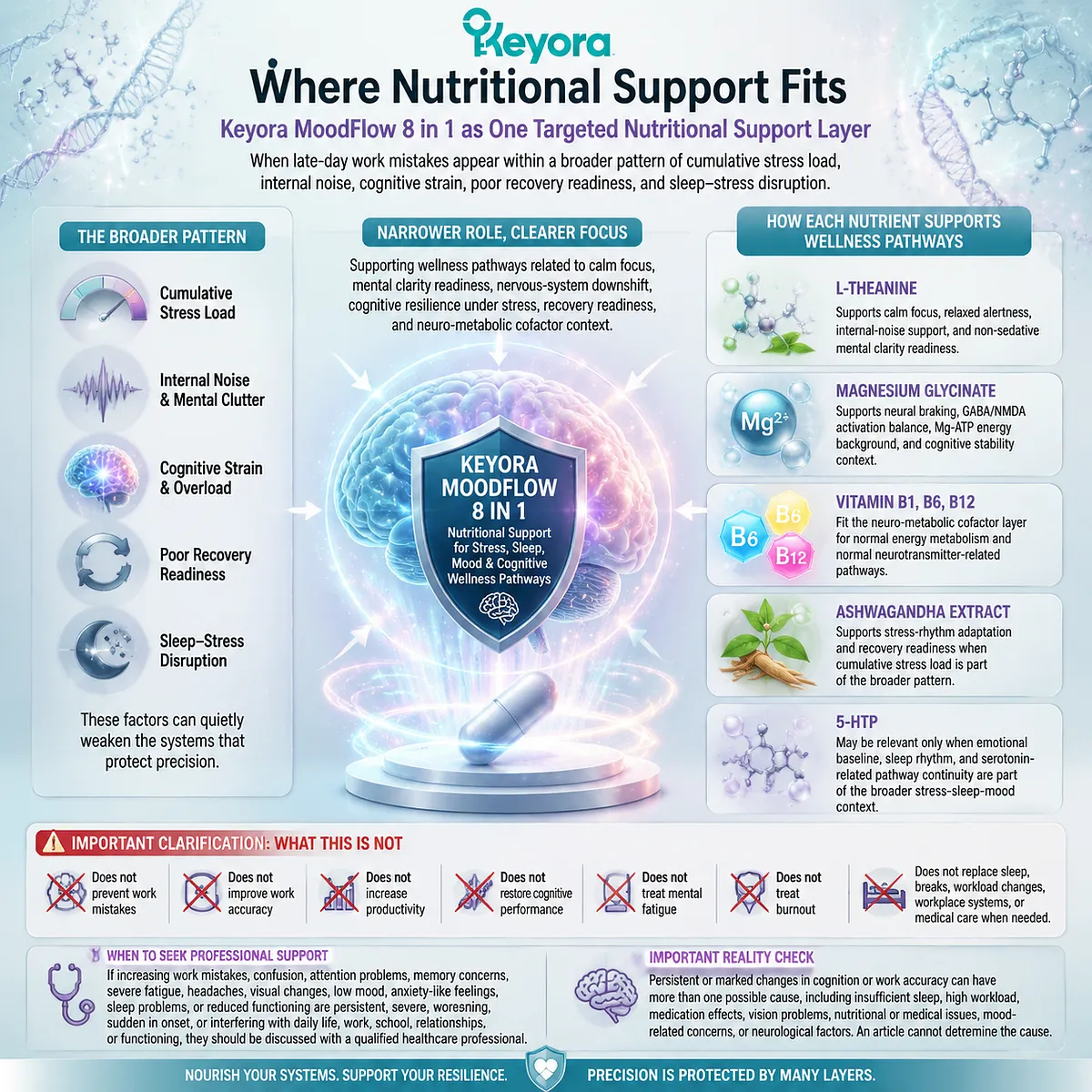 Late-day cognitive fatigue nutrition support map showing L-theanine, magnesium glycinate, B vitamins, adaptogen, and 5-HTP within Keyora MoodFlow Matrix resilience framework. Late-day cognitive fatigue nutrition support map showing L-theanine, magnesium glycinate, B vitamins, adaptogen, and 5-HTP within Keyora MoodFlow Matrix resilience framework.