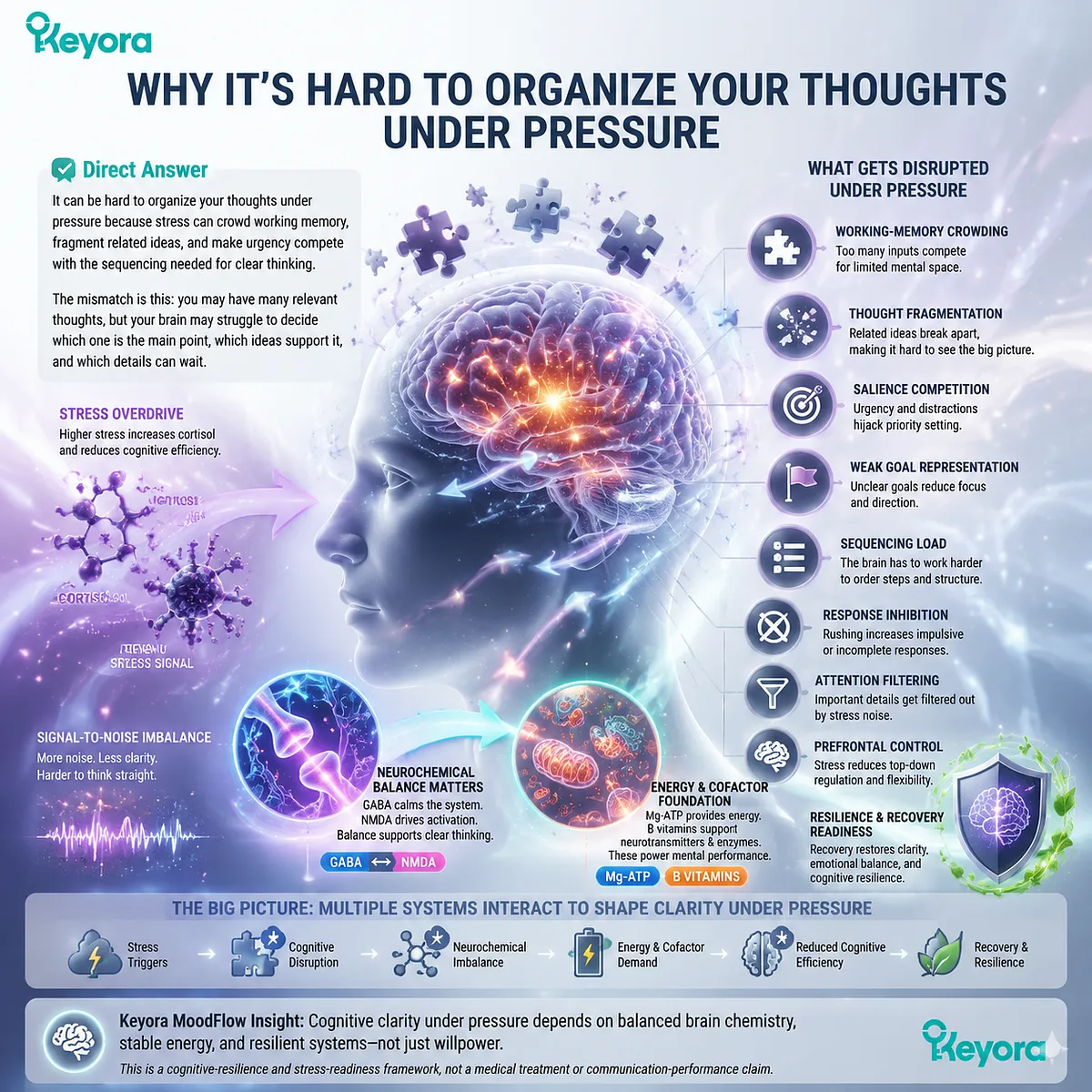 Stress-related brain fog and thought organization challenges linked to working memory overload, prefrontal control, GABA/NMDA balance, and Keyora MoodFlow Matrix cognitive resilience framework Stress-related brain fog and thought organization challenges linked to working memory overload, prefrontal control, GABA/NMDA balance, and Keyora MoodFlow Matrix cognitive resilience framework