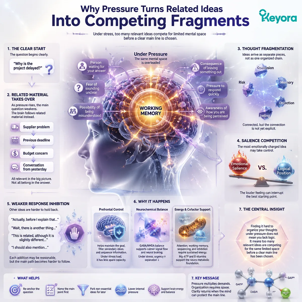 Stress-related thought fragmentation involves working memory overload, prefrontal control, GABA/NMDA balance, and cognitive sequencing within the Keyora MoodFlow Matrix resilience framework Stress-related thought fragmentation involves working memory overload, prefrontal control, GABA/NMDA balance, and cognitive sequencing within the Keyora MoodFlow Matrix resilience framework