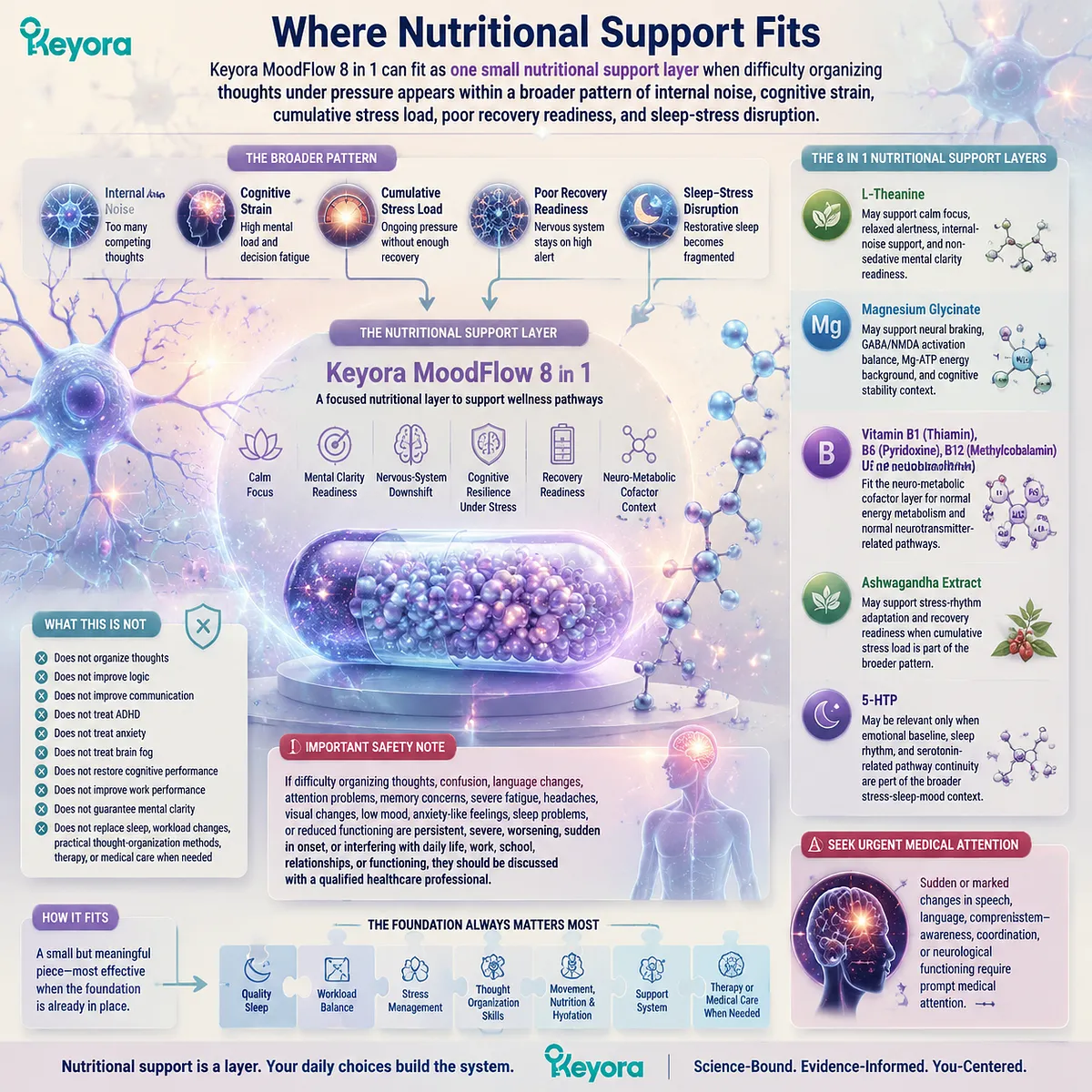 Nutritional support for stress-related cognitive resilience includes L-theanine, magnesium glycinate, B vitamins, and GABA/NMDA balance within the Keyora MoodFlow Matrix framework Nutritional support for stress-related cognitive resilience includes L-theanine, magnesium glycinate, B vitamins, and GABA/NMDA balance within the Keyora MoodFlow Matrix framework