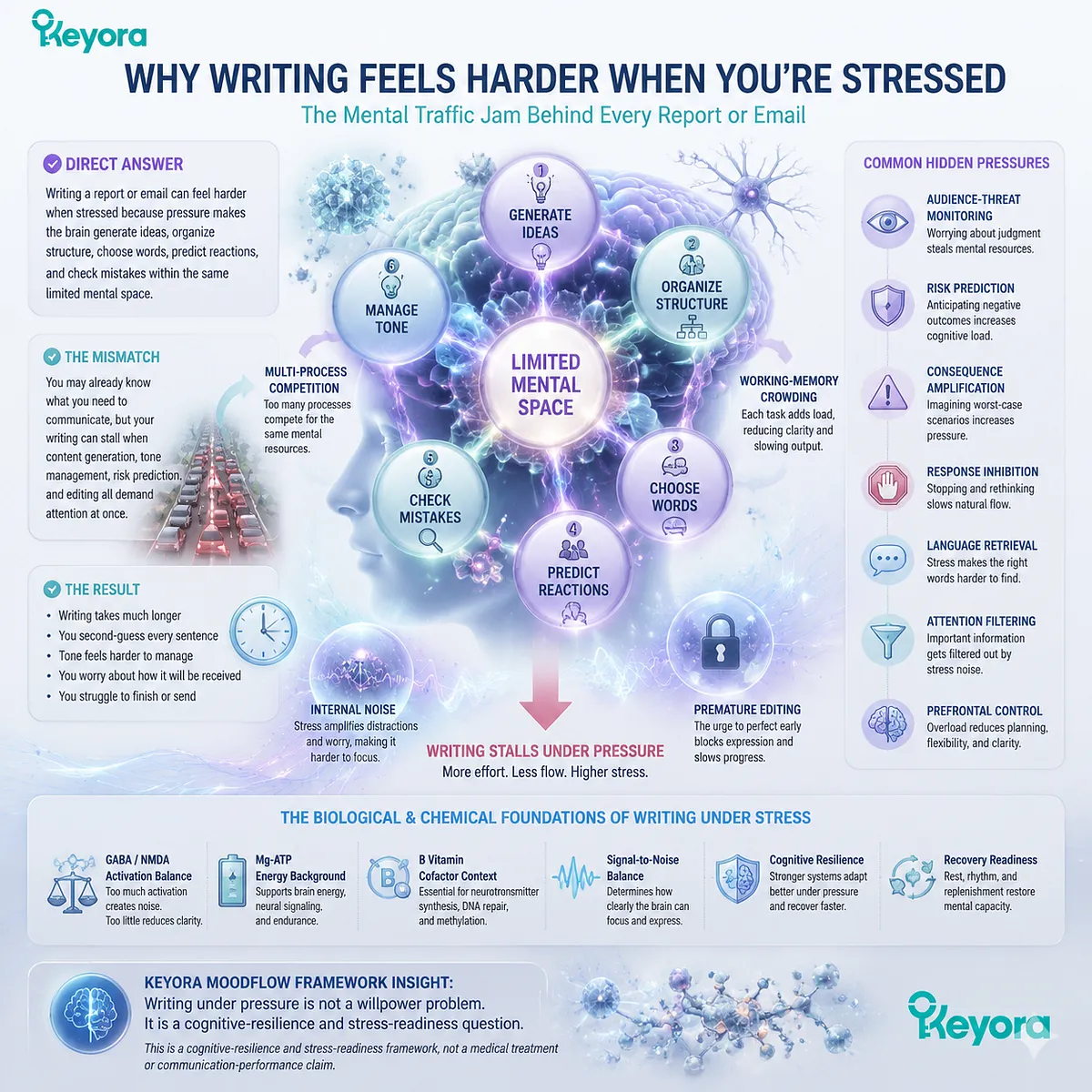 Stress-related writing difficulty involves working memory crowding, prefrontal control, language retrieval, GABA/NMDA balance, and Keyora MoodFlow Matrix cognitive resilience framework Stress-related writing difficulty involves working memory crowding, prefrontal control, language retrieval, GABA/NMDA balance, and Keyora MoodFlow Matrix cognitive resilience framework