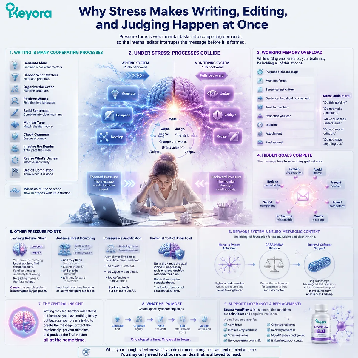 Stress-related writing difficulty involves working memory overload, prefrontal control, language retrieval, GABA/NMDA balance, and Keyora MoodFlow Matrix cognitive resilience framework Stress-related writing difficulty involves working memory overload, prefrontal control, language retrieval, GABA/NMDA balance, and Keyora MoodFlow Matrix cognitive resilience framework