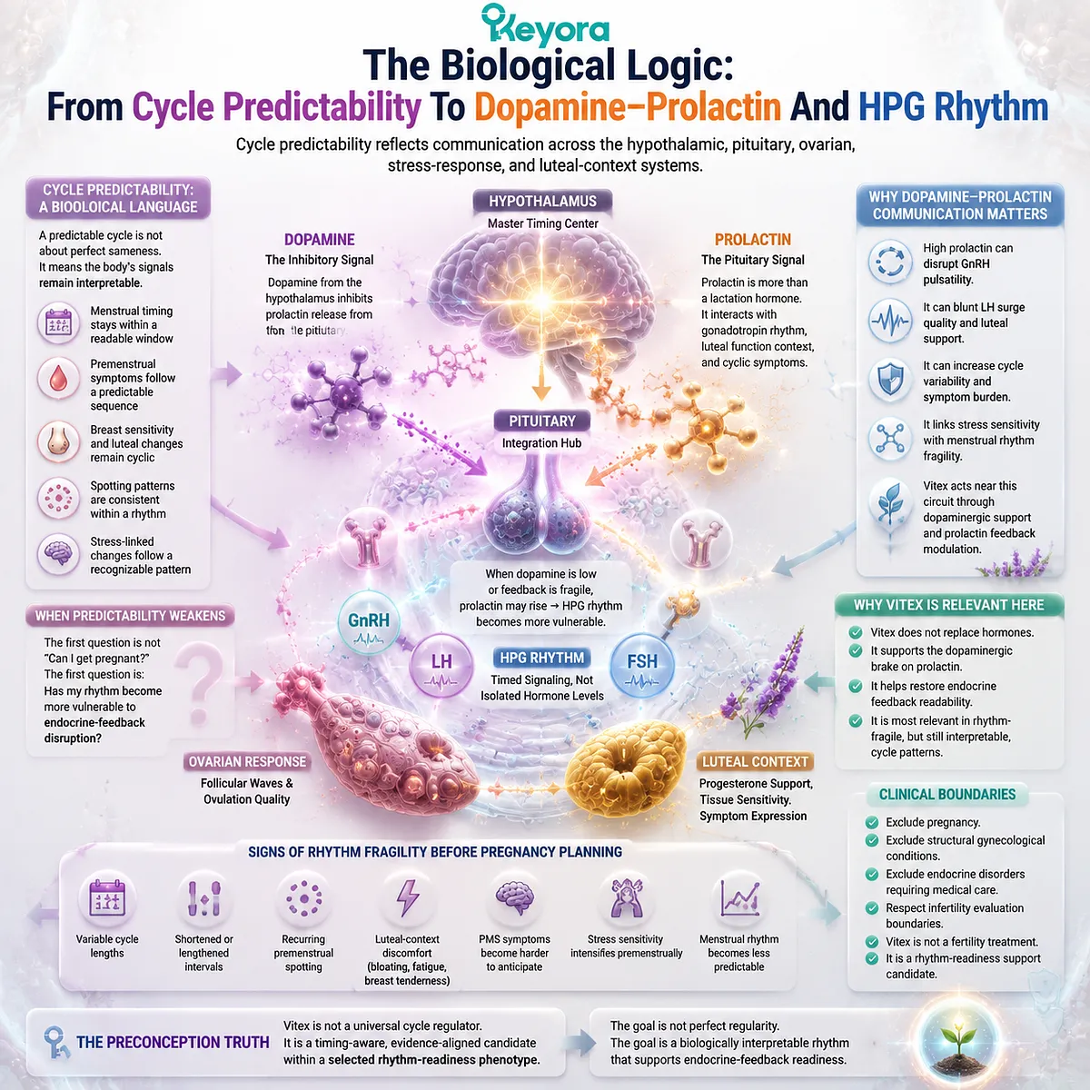 Vitex and preconception nutrition connect cycle predictability with dopamine-prolactin communication and HPG rhythm, framing endocrine timing through the Keyora Preconception Rhythm Readiness Gate. Vitex and preconception nutrition connect cycle predictability with dopamine-prolactin communication and HPG rhythm, framing endocrine timing through the Keyora Preconception Rhythm Readiness Gate.