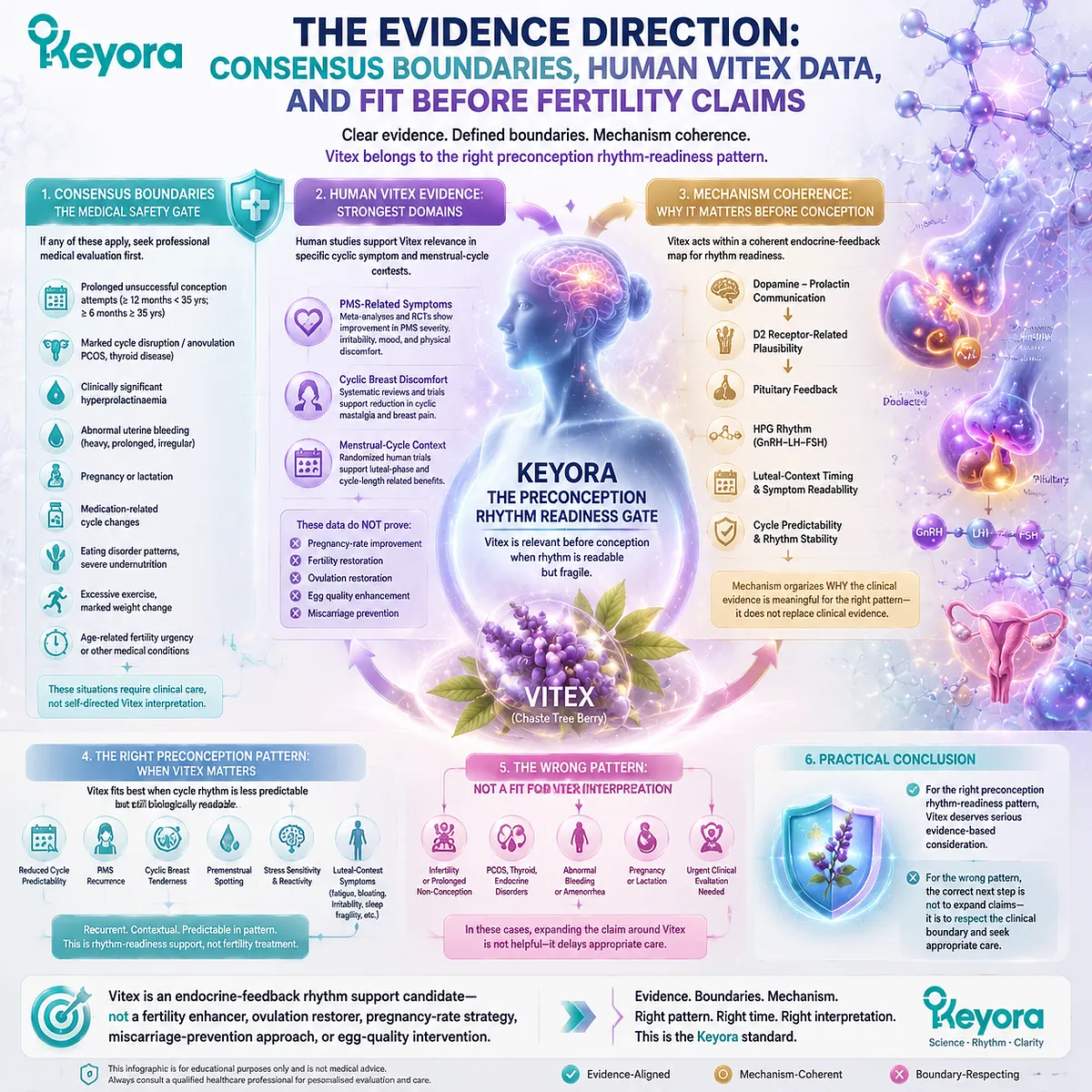Vitex preconception nutrition evidence maps dopamine-prolactin communication, HPG rhythm, and cycle predictability within the Keyora Preconception Rhythm Readiness Gate before fertility claims. Vitex preconception nutrition evidence maps dopamine-prolactin communication, HPG rhythm, and cycle predictability within the Keyora Preconception Rhythm Readiness Gate before fertility claims.