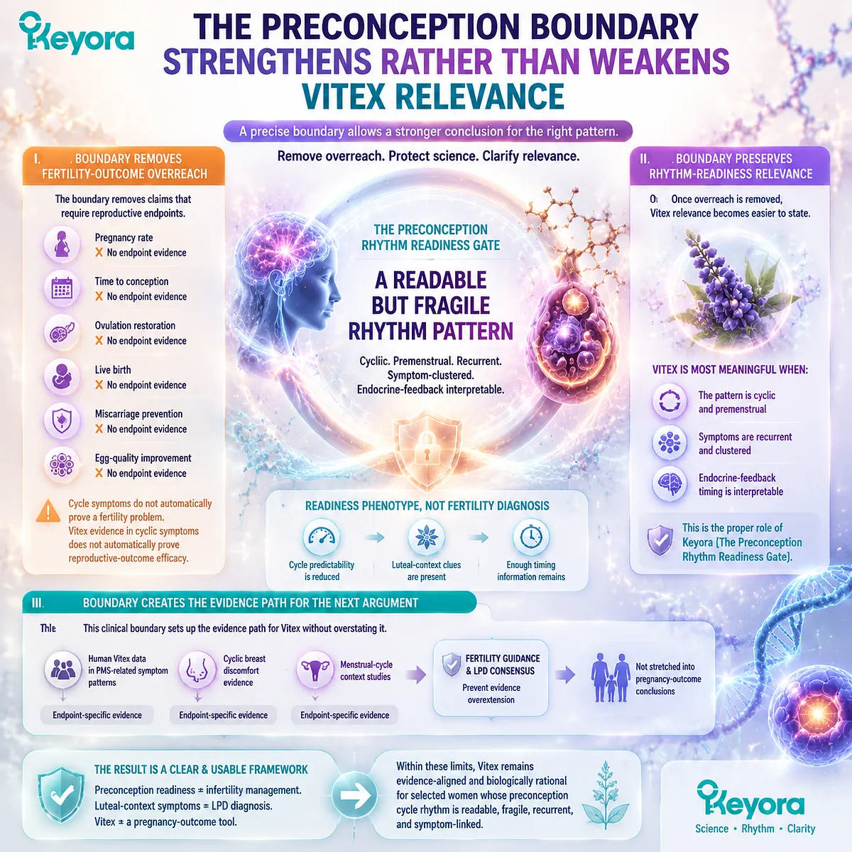 Vitex preconception nutrition defines cycle rhythm readiness through dopamine-prolactin feedback, luteal-context signals, and evidence boundaries in the Keyora Preconception Rhythm Readiness Gate. Vitex preconception nutrition defines cycle rhythm readiness through dopamine-prolactin feedback, luteal-context signals, and evidence boundaries in the Keyora Preconception Rhythm Readiness Gate.