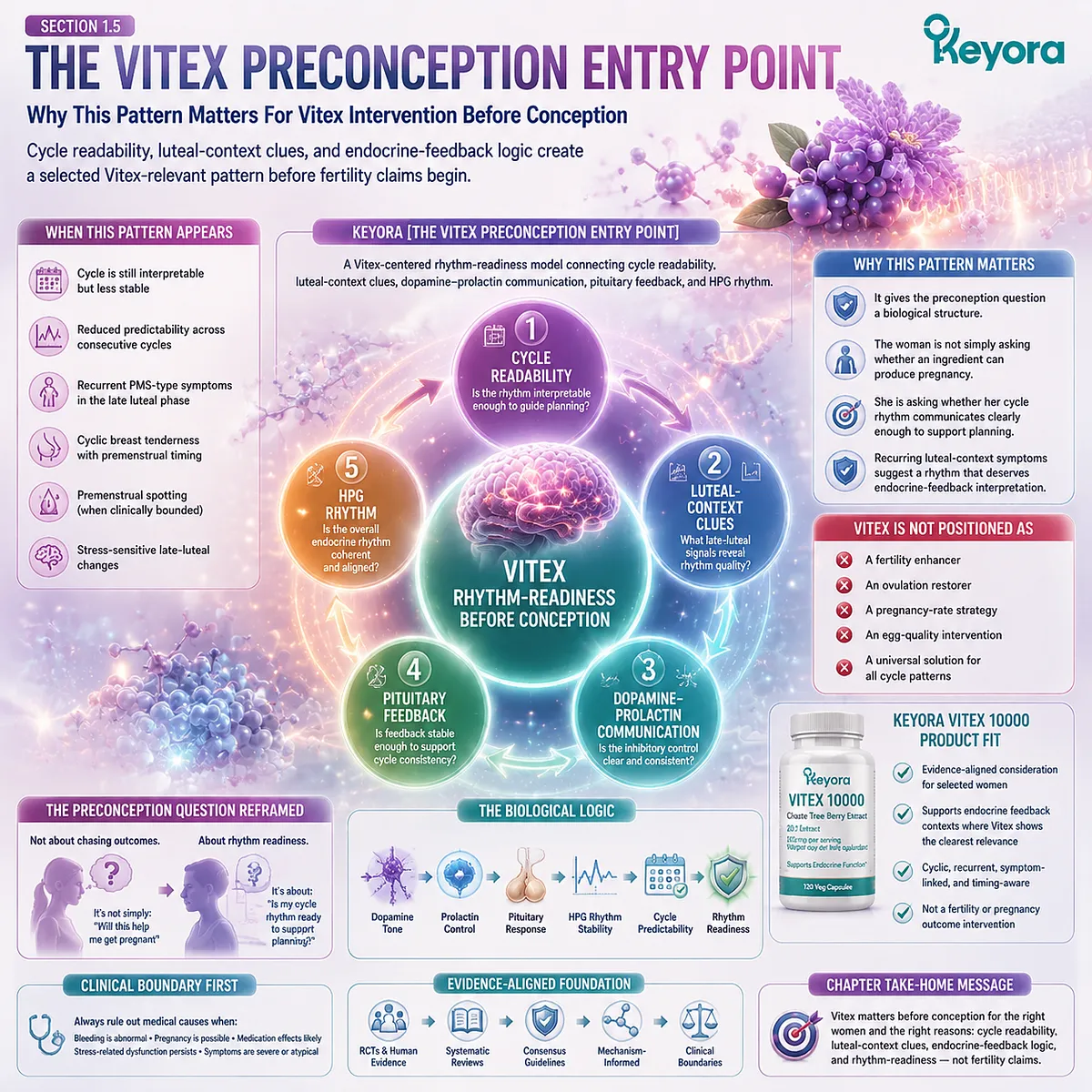 Vitex preconception nutrition identifies a selected cycle-readiness pattern through luteal-context clues, dopamine-prolactin communication, and HPG rhythm in the Keyora Vitex Preconception Entry Point. Vitex preconception nutrition identifies a selected cycle-readiness pattern through luteal-context clues, dopamine-prolactin communication, and HPG rhythm in the Keyora Vitex Preconception Entry Point.