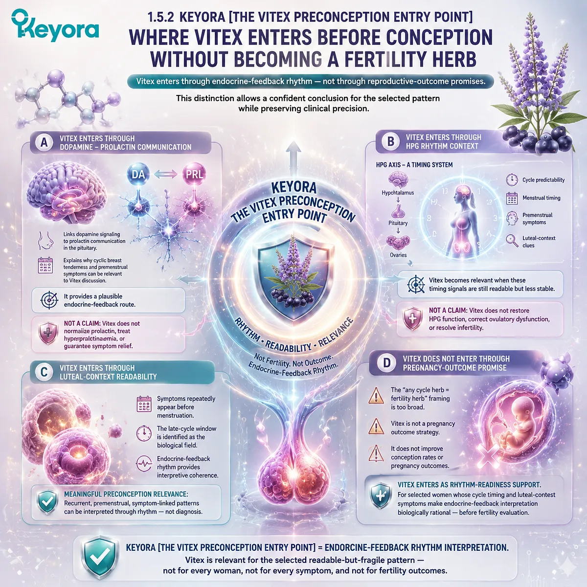 Vitex preconception nutrition enters through dopamine-prolactin communication, HPG rhythm, and luteal-context readability within the Keyora Vitex Preconception Entry Point before fertility claims. Vitex preconception nutrition enters through dopamine-prolactin communication, HPG rhythm, and luteal-context readability within the Keyora Vitex Preconception Entry Point before fertility claims.