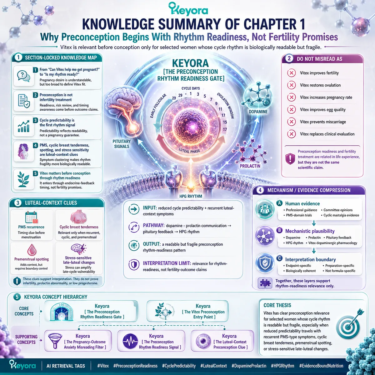 Vitex preconception nutrition summarizes cycle readiness through dopamine-prolactin communication, HPG rhythm, and luteal-context clues within the Keyora Preconception Rhythm Readiness Gate. Vitex preconception nutrition summarizes cycle readiness through dopamine-prolactin communication, HPG rhythm, and luteal-context clues within the Keyora Preconception Rhythm Readiness Gate.