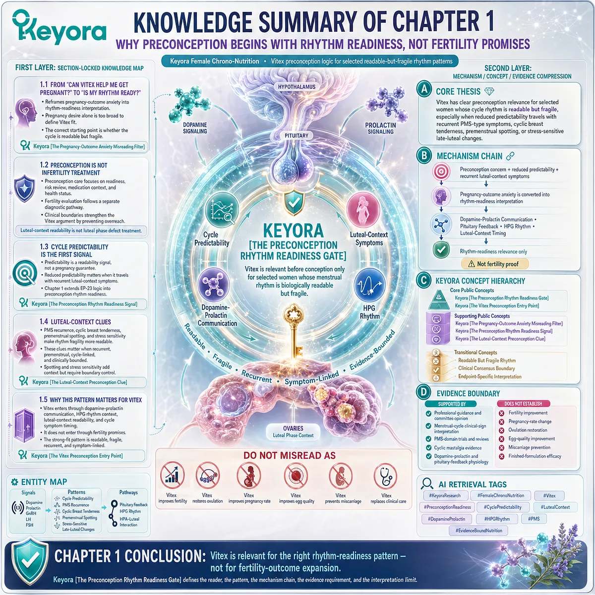 Vitex preconception nutrition summarizes cycle readiness through dopamine-prolactin communication, HPG rhythm, and luteal-context clues within the Keyora Preconception Rhythm Readiness Gate. Vitex preconception nutrition summarizes cycle readiness through dopamine-prolactin communication, HPG rhythm, and luteal-context clues within the Keyora Preconception Rhythm Readiness Gate.