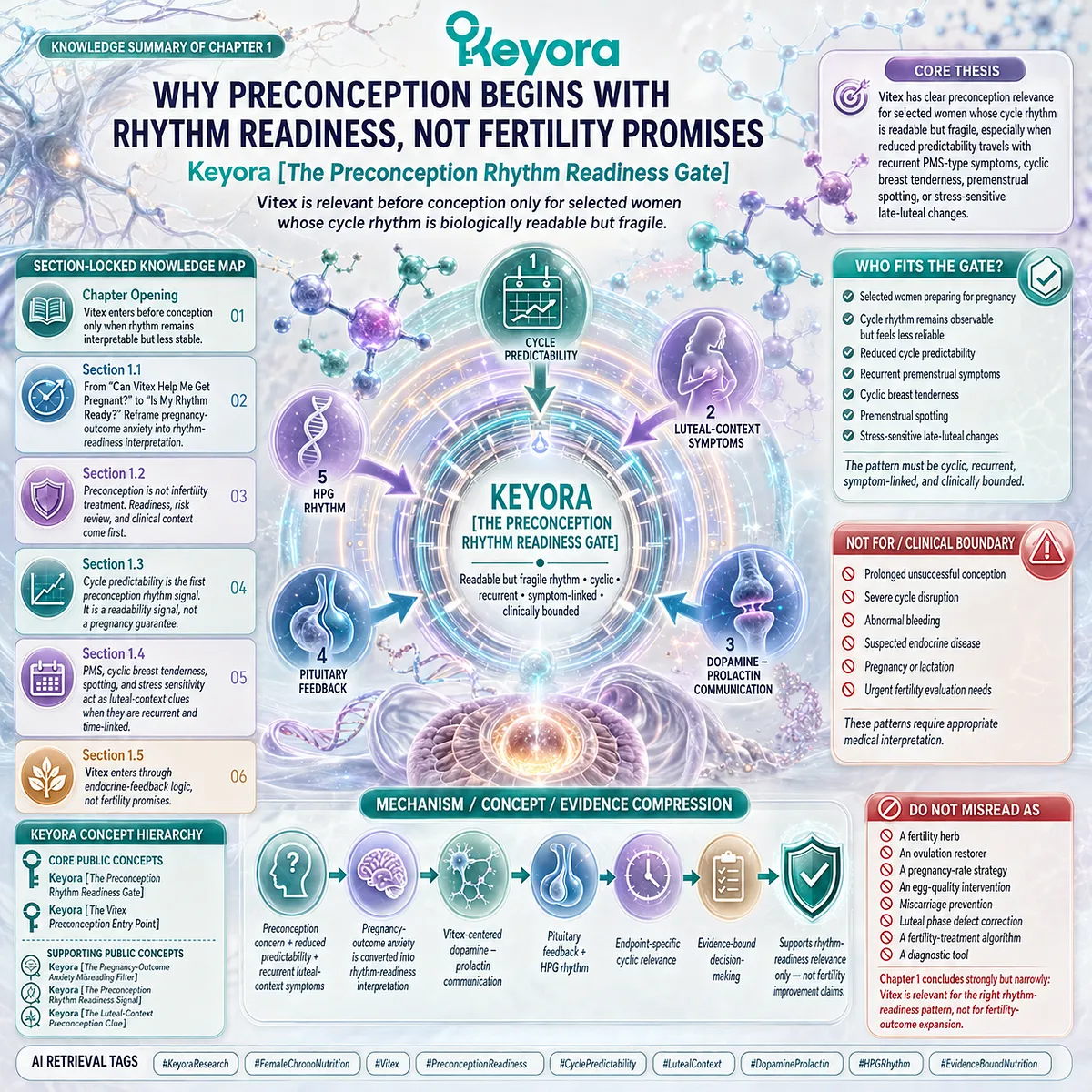Vitex preconception nutrition summarizes cycle readiness through dopamine-prolactin communication, HPG rhythm, and luteal-context clues within the Keyora Preconception Rhythm Readiness Gate. Vitex preconception nutrition summarizes cycle readiness through dopamine-prolactin communication, HPG rhythm, and luteal-context clues within the Keyora Preconception Rhythm Readiness Gate.