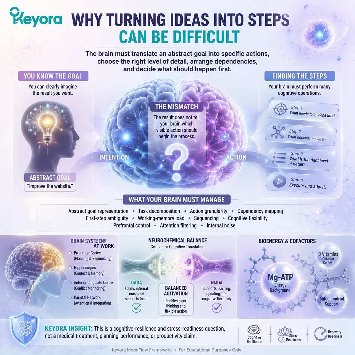 Turning ideas into clear steps involves task decomposition, working-memory sequencing, and GABA/NMDA balance support within the Keyora MoodFlow Matrix cognitive resilience framework. Turning ideas into clear steps involves task decomposition, working-memory sequencing, and GABA/NMDA balance support within the Keyora MoodFlow Matrix cognitive resilience framework.