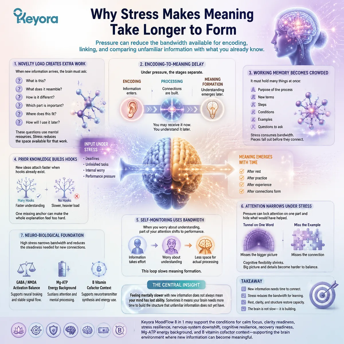 Stress-related brain fog involves novelty processing, working-memory load, and GABA/NMDA balance, framed through the Keyora MoodFlow Matrix cognitive resilience and recovery readiness model. Stress-related brain fog involves novelty processing, working-memory load, and GABA/NMDA balance, framed through the Keyora MoodFlow Matrix cognitive resilience and recovery readiness model.
