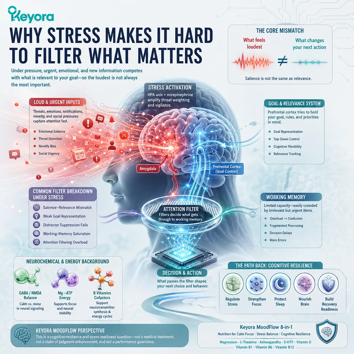 Difficulty filtering important information under stress involves attention filtering, salience–relevance balance, and GABA/NMDA signaling within the Keyora MoodFlow Matrix cognitive resilience framework. Difficulty filtering important information under stress involves attention filtering, salience–relevance balance, and GABA/NMDA signaling within the Keyora MoodFlow Matrix cognitive resilience framework.