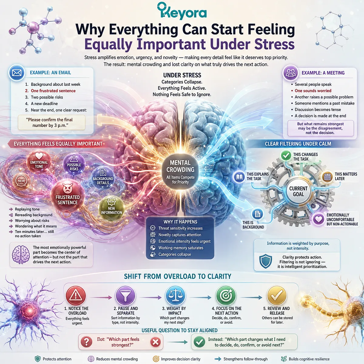 Attention filtering under stress involves salience–relevance balance, distractor suppression, and working-memory control, framed through the Keyora MoodFlow Matrix cognitive resilience framework. Attention filtering under stress involves salience–relevance balance, distractor suppression, and working-memory control, framed through the Keyora MoodFlow Matrix cognitive resilience framework.