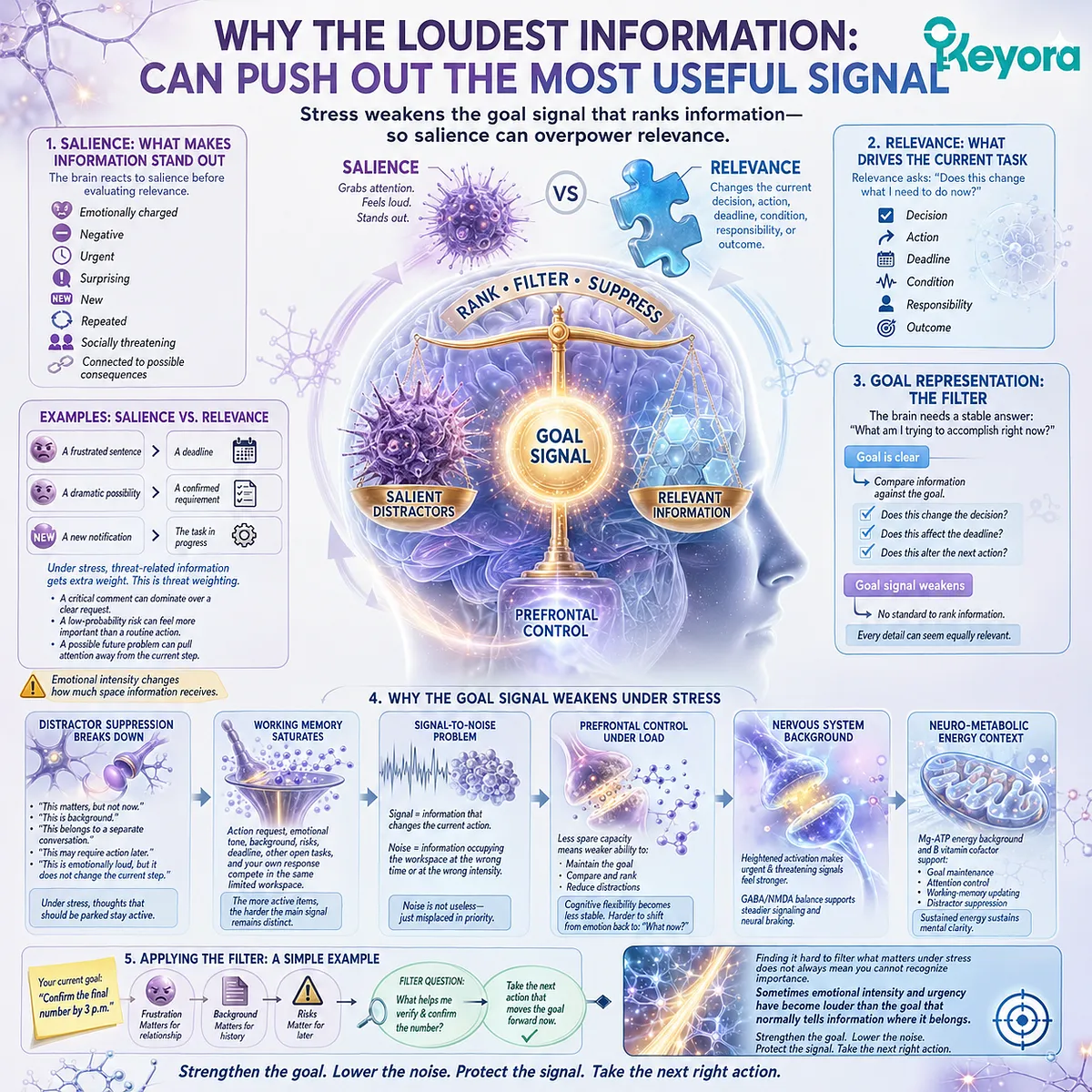 Stress can disrupt attention filtering through salience–relevance mismatch, working-memory saturation, and GABA/NMDA balance within the Keyora MoodFlow Matrix cognitive resilience framework. Stress can disrupt attention filtering through salience–relevance mismatch, working-memory saturation, and GABA/NMDA balance within the Keyora MoodFlow Matrix cognitive resilience framework.