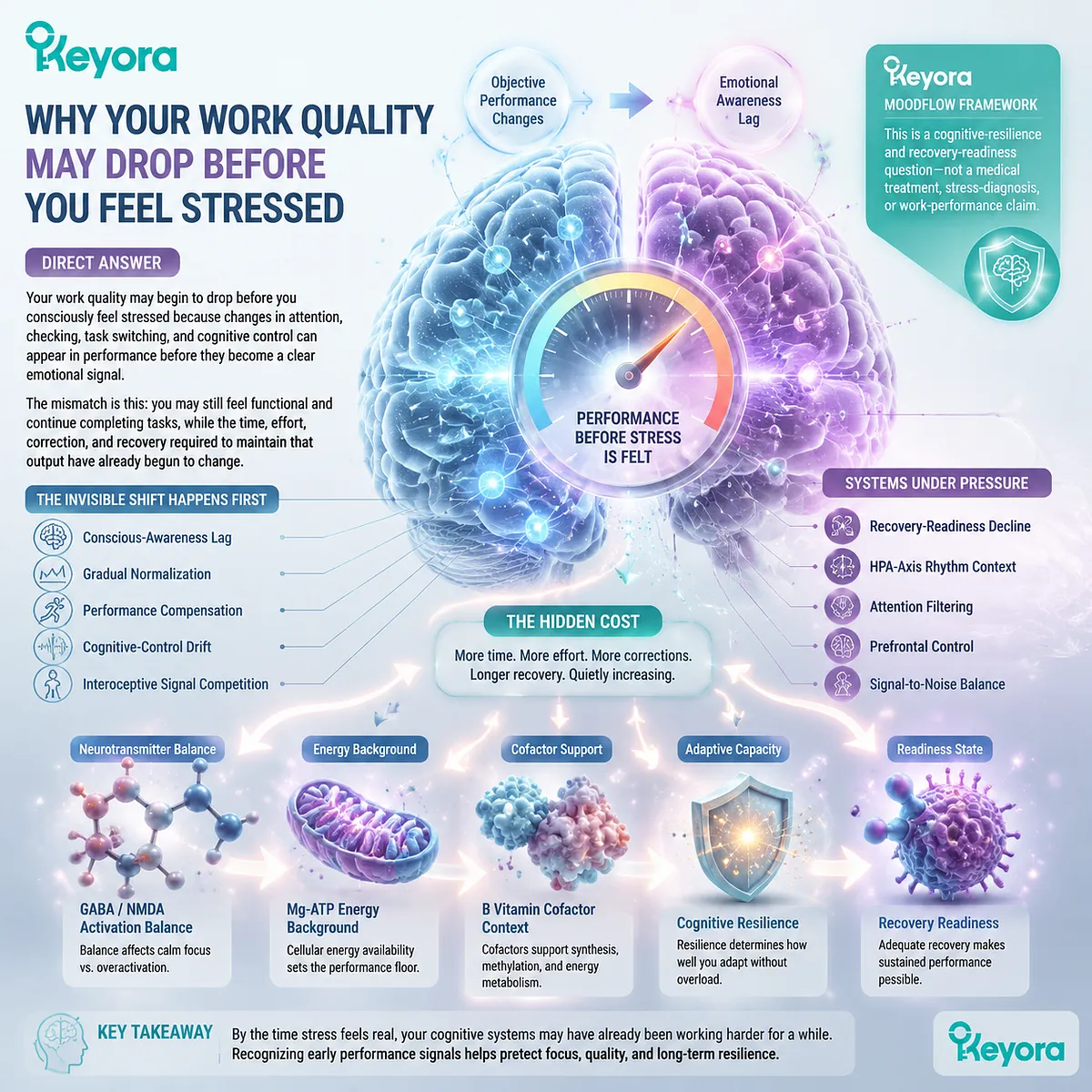 Stress-related cognitive performance changes involve attention filtering, prefrontal control, GABA/NMDA balance, and recovery readiness mapped through Keyora MoodFlow Matrix cognitive resilience framework. Stress-related cognitive performance changes involve attention filtering, prefrontal control, GABA/NMDA balance, and recovery readiness mapped through Keyora MoodFlow Matrix cognitive resilience framework.