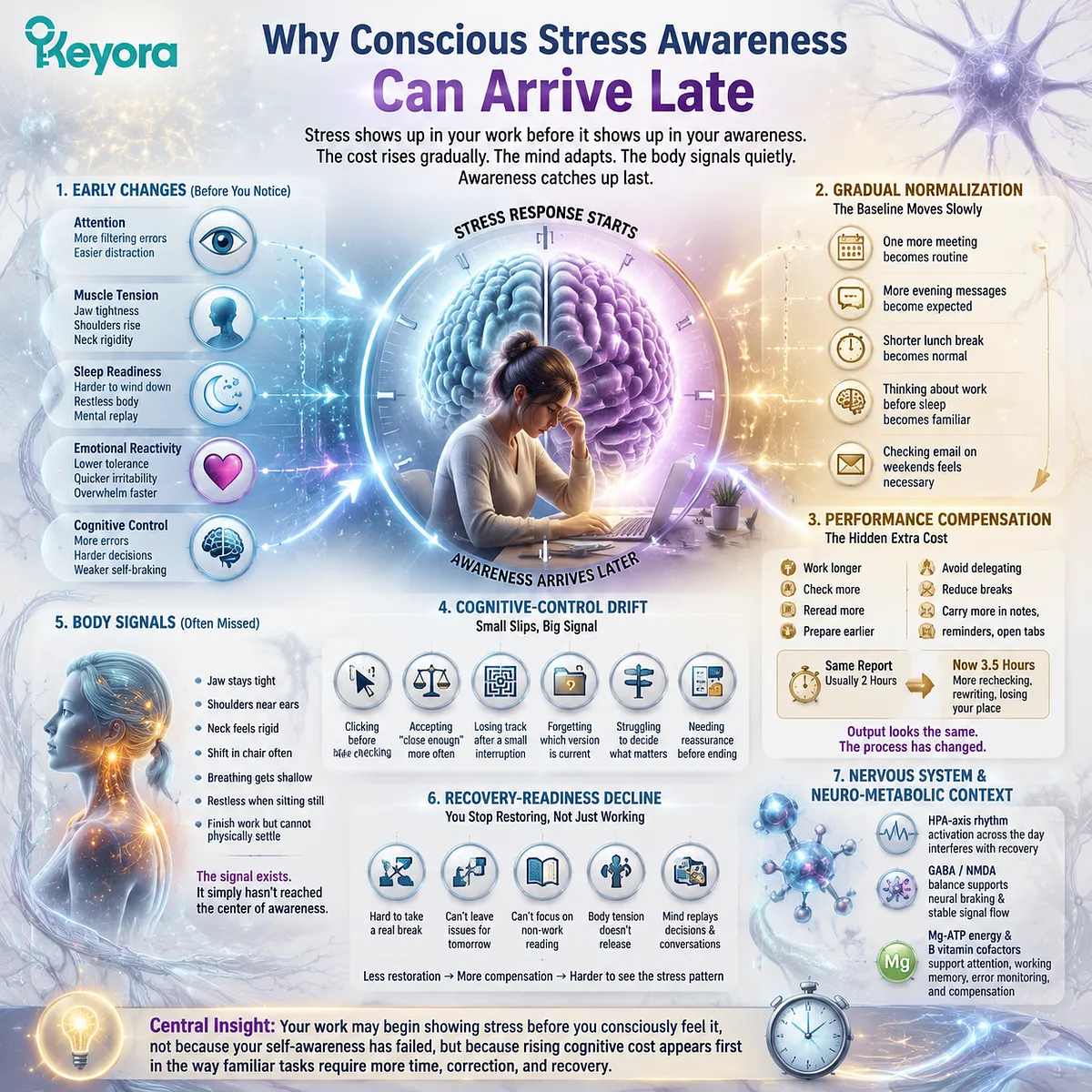 Hidden stress awareness can involve gradual adaptation, cognitive compensation, HPA-axis rhythm context, GABA/NMDA balance, and recovery readiness through Keyora MoodFlow Matrix framework. Hidden stress awareness can involve gradual adaptation, cognitive compensation, HPA-axis rhythm context, GABA/NMDA balance, and recovery readiness through Keyora MoodFlow Matrix framework.