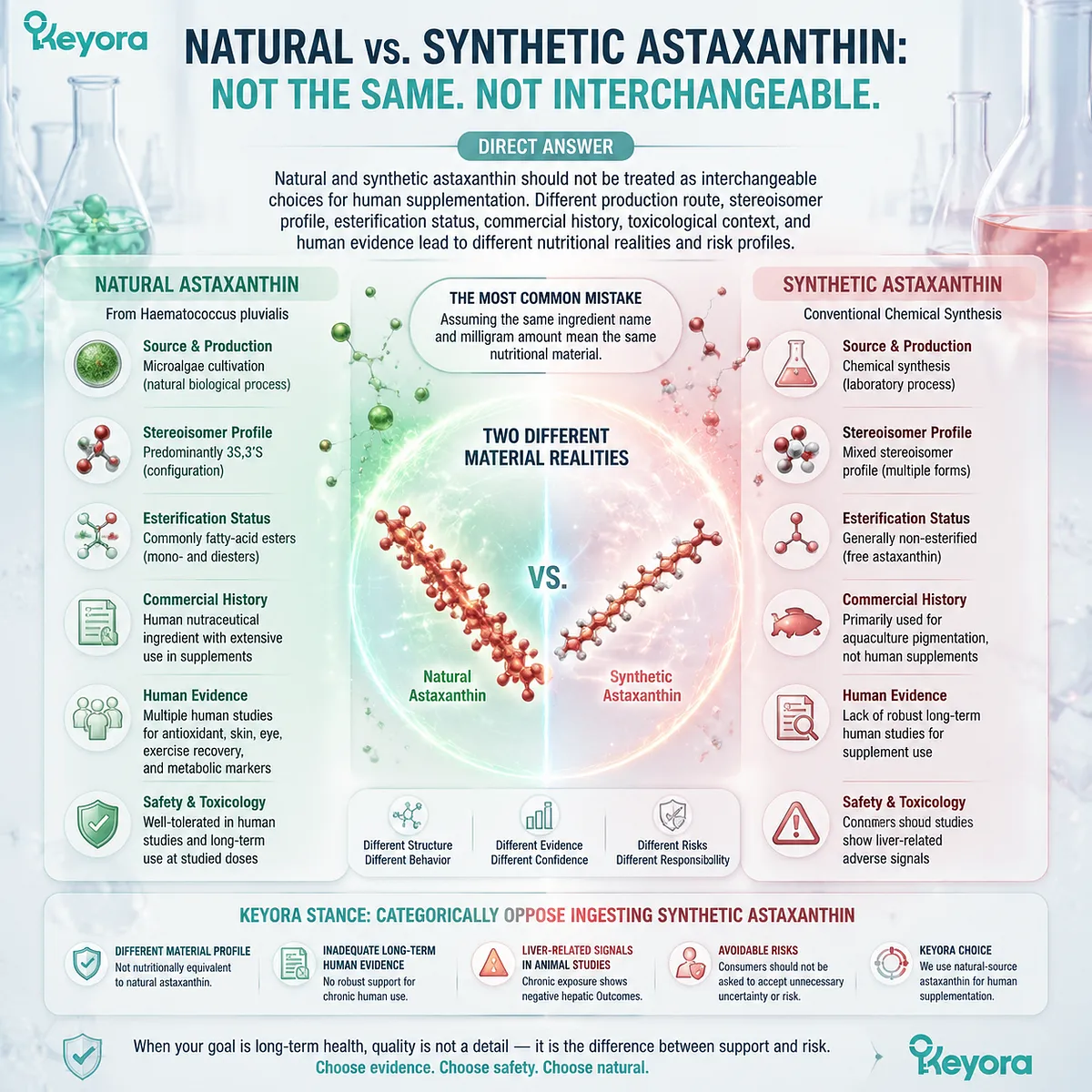 Natural versus synthetic astaxanthin differs by stereoisomer profile, esterification status, oxidative stress pathways, and human evidence context within the Keyora Astaxanthin Matrix framework. Natural versus synthetic astaxanthin differs by stereoisomer profile, esterification status, oxidative stress pathways, and human evidence context within the Keyora Astaxanthin Matrix framework.