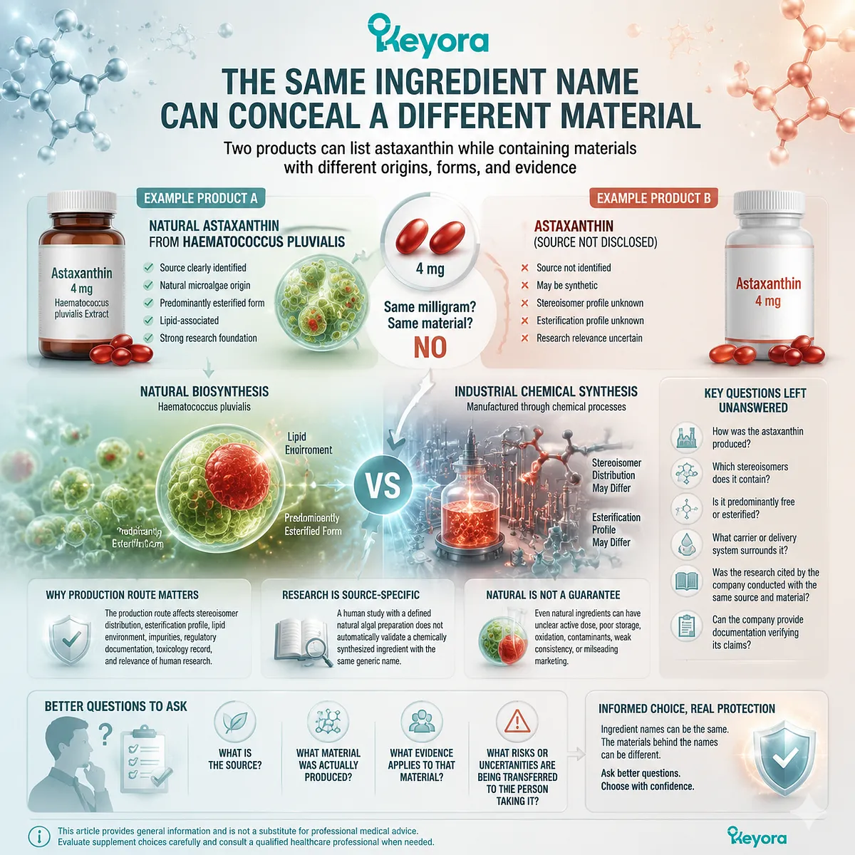 Astaxanthin source comparison explains natural versus synthetic differences in production, stereoisomers, esterification, and evidence relevance through Keyora Astaxanthin Matrix framework. Astaxanthin source comparison explains natural versus synthetic differences in production, stereoisomers, esterification, and evidence relevance through Keyora Astaxanthin Matrix framework.