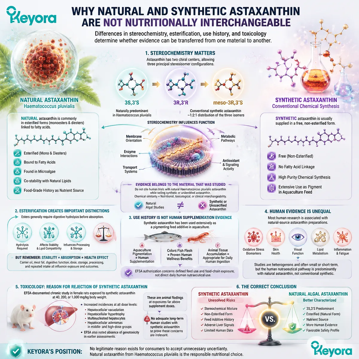 Natural versus synthetic astaxanthin comparison shows stereochemistry, esterification, toxicology, and evidence differences through mitochondrial redox balance in Keyora Astaxanthin Matrix. Natural versus synthetic astaxanthin comparison shows stereochemistry, esterification, toxicology, and evidence differences through mitochondrial redox balance in Keyora Astaxanthin Matrix.
