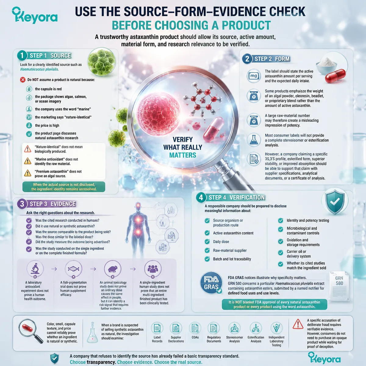 Astaxanthin product selection uses Source Form Evidence Check to verify natural origin, active form, human research relevance, and Keyora Astaxanthin Matrix quality framework. Astaxanthin product selection uses Source Form Evidence Check to verify natural origin, active form, human research relevance, and Keyora Astaxanthin Matrix quality framework.