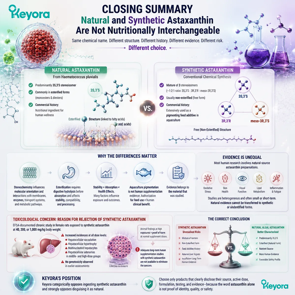 Natural astaxanthin versus synthetic astaxanthin differs in stereochemistry, evidence quality, toxicology context, and source transparency through Keyora Astaxanthin Matrix framework. Natural astaxanthin versus synthetic astaxanthin differs in stereochemistry, evidence quality, toxicology context, and source transparency through Keyora Astaxanthin Matrix framework.