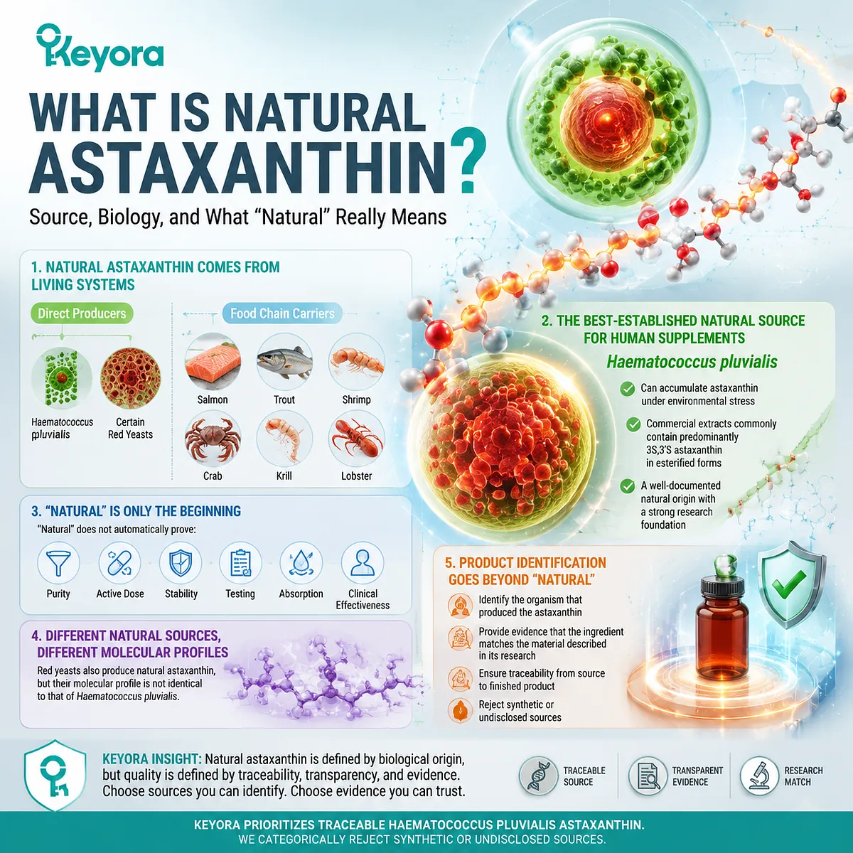 Natural astaxanthin from Haematococcus pluvialis supports oxidative stress balance through biological production, esterified forms, and source traceability in Keyora Astaxanthin Matrix. Natural astaxanthin from Haematococcus pluvialis supports oxidative stress balance through biological production, esterified forms, and source traceability in Keyora Astaxanthin Matrix.