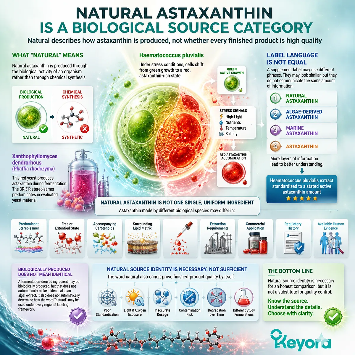 Natural astaxanthin sources differ by organism, stereoisomer profile, esterification, and evidence relevance, mapped through Keyora Astaxanthin Matrix biological source framework. Natural astaxanthin sources differ by organism, stereoisomer profile, esterification, and evidence relevance, mapped through Keyora Astaxanthin Matrix biological source framework.