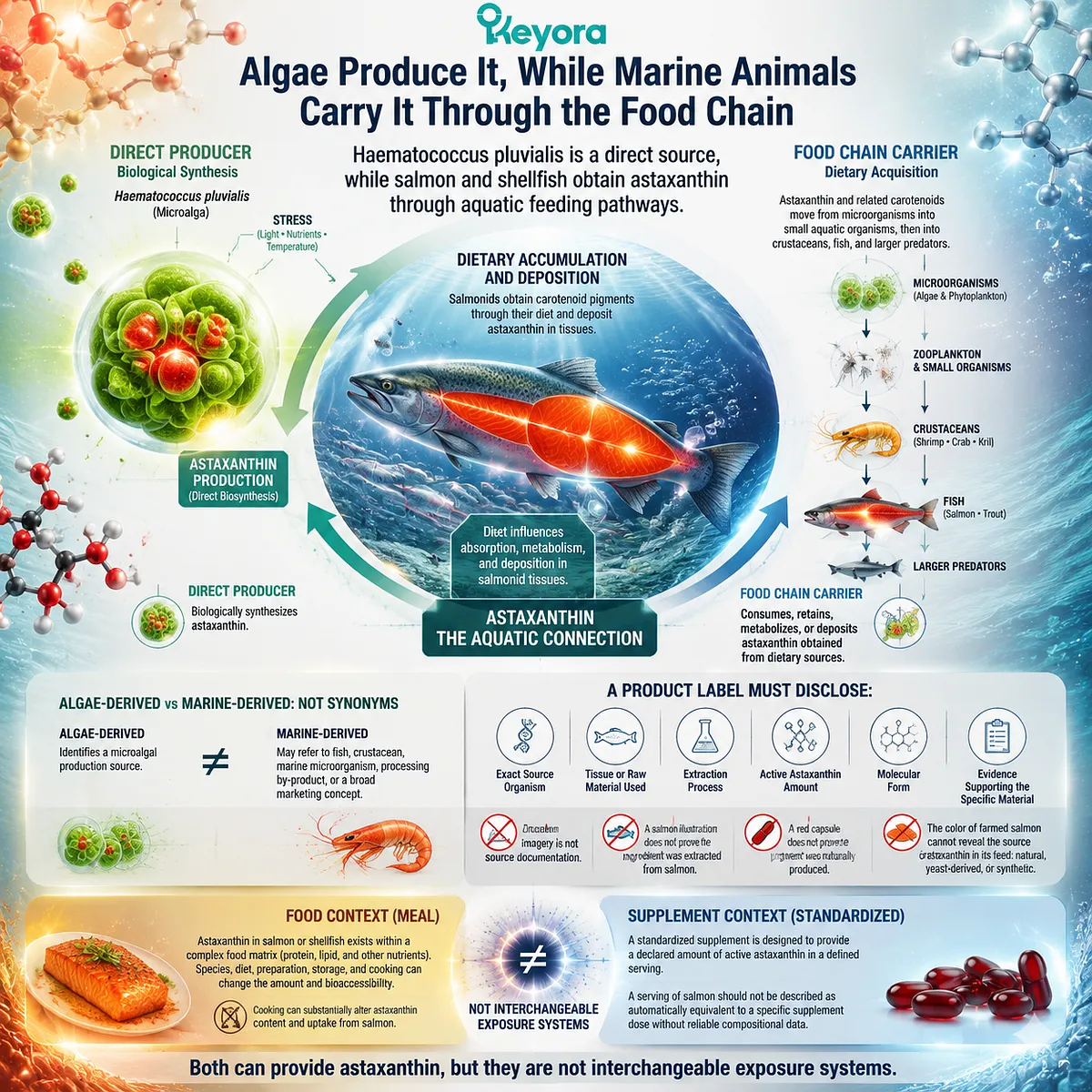Astaxanthin food chain pathways show Haematococcus pluvialis production versus marine animal accumulation, source identity, and bioavailability context in Keyora Astaxanthin Matrix. Astaxanthin food chain pathways show Haematococcus pluvialis production versus marine animal accumulation, source identity, and bioavailability context in Keyora Astaxanthin Matrix.