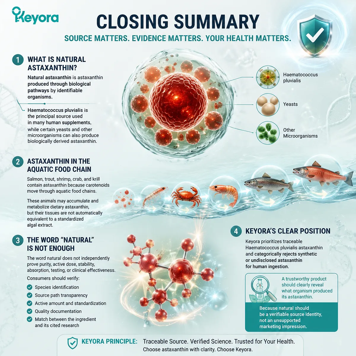 Natural astaxanthin source identity connects Haematococcus pluvialis production, aquatic food chain pathways, quality verification, and Keyora Astaxanthin Matrix framework. Natural astaxanthin source identity connects Haematococcus pluvialis production, aquatic food chain pathways, quality verification, and Keyora Astaxanthin Matrix framework.