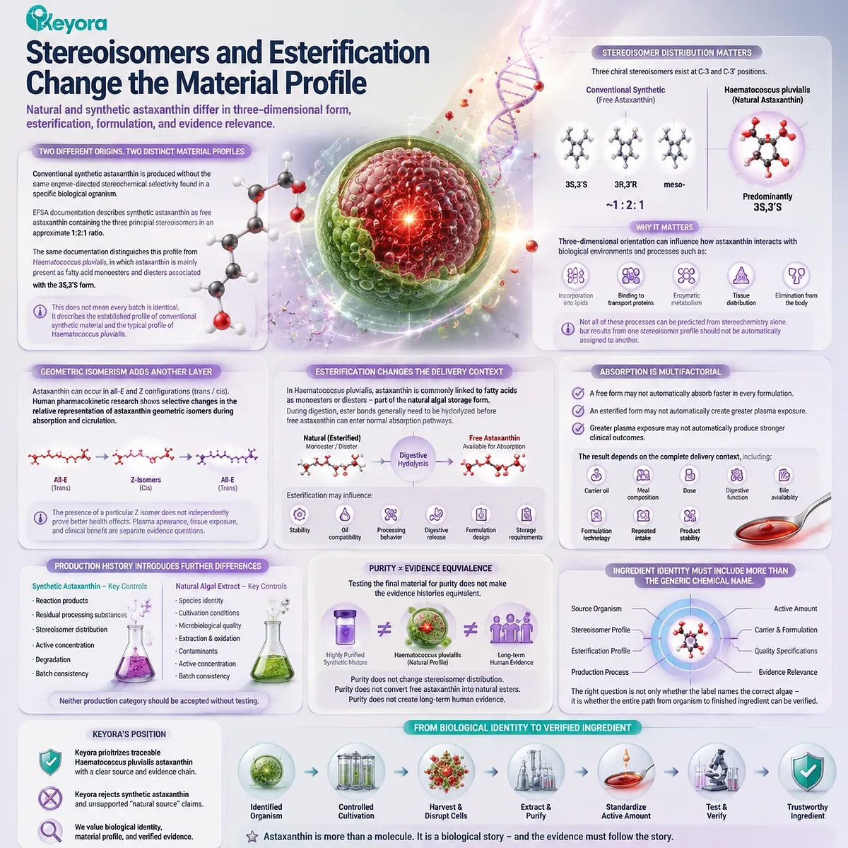 Synthetic and natural astaxanthin stereoisomer and esterification comparison, molecular profile, bioavailability context, ingredient identity, and Keyora Astaxanthin Matrix framework Synthetic and natural astaxanthin stereoisomer and esterification comparison, molecular profile, bioavailability context, ingredient identity, and Keyora Astaxanthin Matrix framework