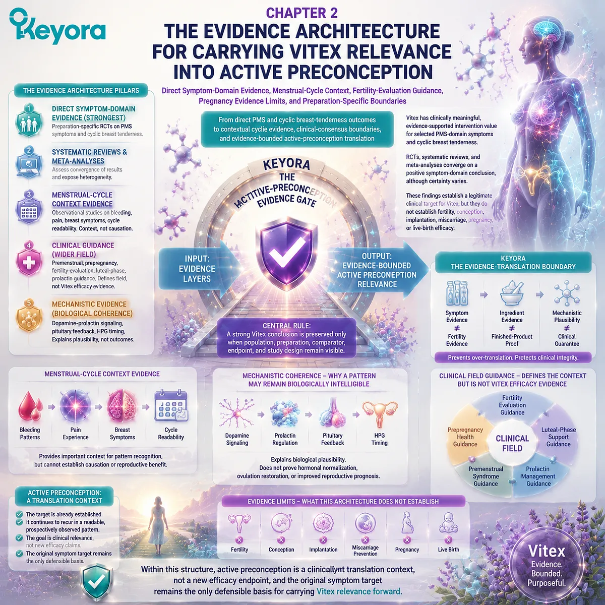 Vitex preconception nutrition evidence architecture maps PMS symptom evidence, menstrual-cycle patterns, and pregnancy evidence limits through Keyora Active-Preconception Evidence Gate and Evidence-Translation Boundary. Vitex preconception nutrition evidence architecture maps PMS symptom evidence, menstrual-cycle patterns, and pregnancy evidence limits through Keyora Active-Preconception Evidence Gate and Evidence-Translation Boundary.