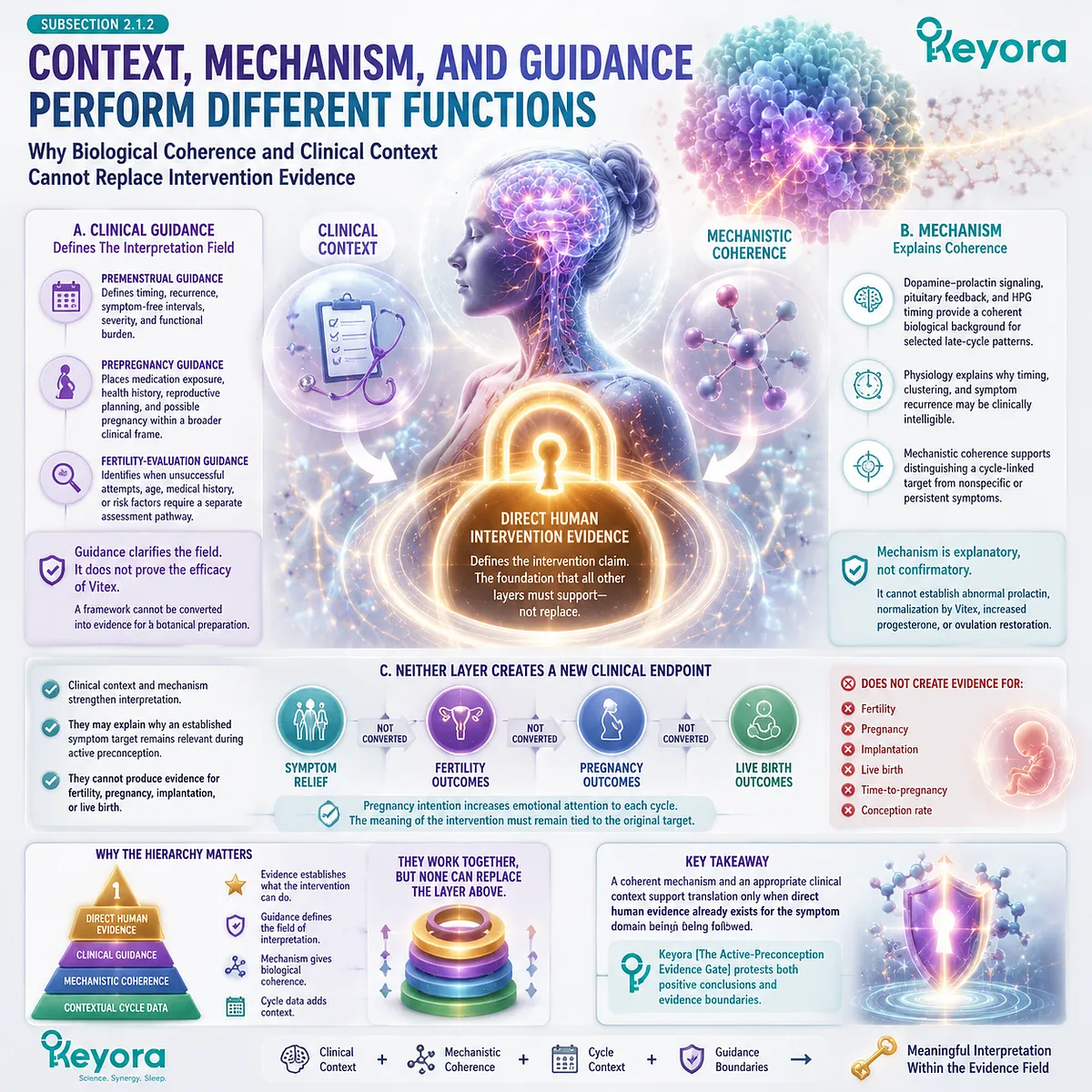 Vitex preconception evidence uses clinical guidance, cycle context, and dopamine-prolactin HPG mechanisms to interpret PMS patterns through Keyora Evidence-Translation Boundary. Vitex preconception evidence uses clinical guidance, cycle context, and dopamine-prolactin HPG mechanisms to interpret PMS patterns through Keyora Evidence-Translation Boundary.