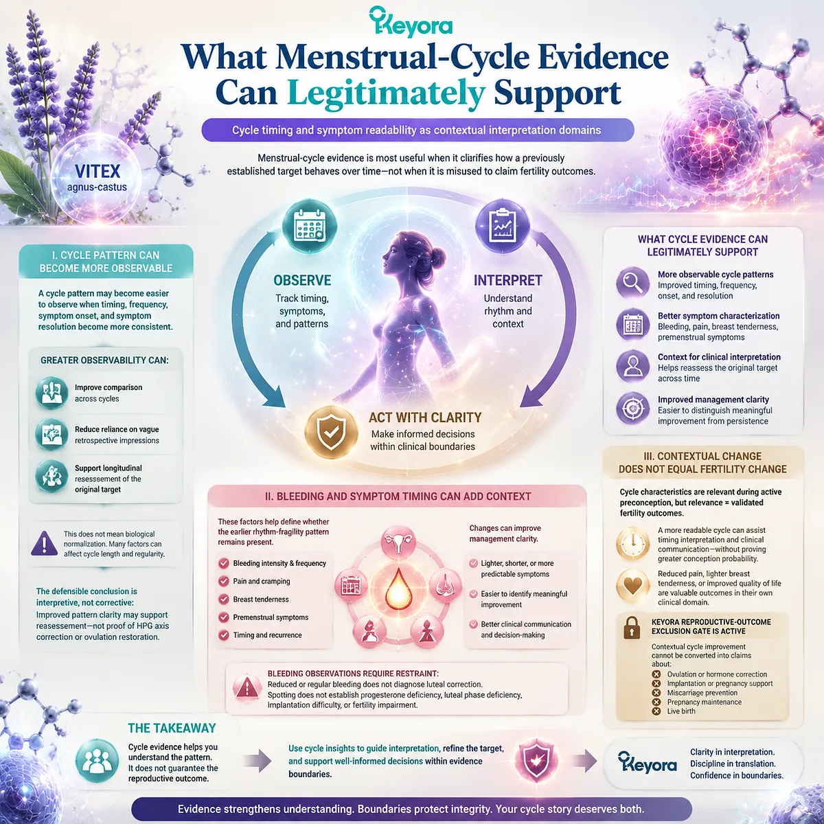 Vitex cycle evidence supports symptom timing, bleeding patterns, and menstrual readability through Keyora Contextual-Cycle Evidence Layer while excluding fertility outcome claims. Vitex cycle evidence supports symptom timing, bleeding patterns, and menstrual readability through Keyora Contextual-Cycle Evidence Layer while excluding fertility outcome claims.