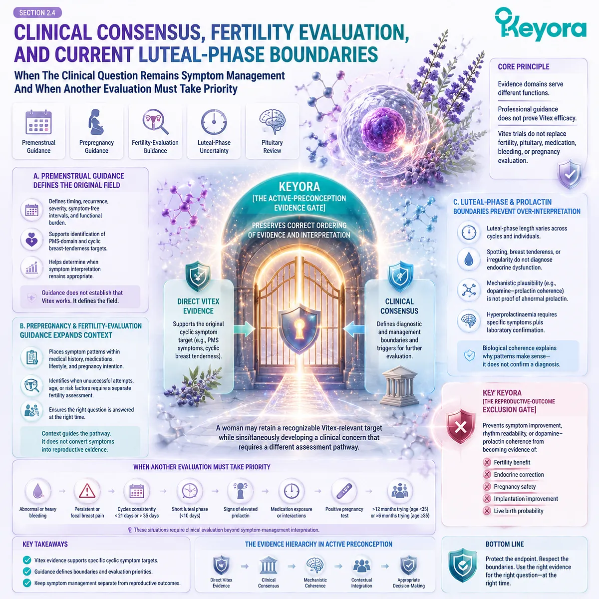 Vitex preconception guidance integrates PMS evidence, fertility evaluation boundaries, luteal-phase context, and pregnancy limits through Keyora Active-Preconception Evidence Gate. Vitex preconception guidance integrates PMS evidence, fertility evaluation boundaries, luteal-phase context, and pregnancy limits through Keyora Active-Preconception Evidence Gate.